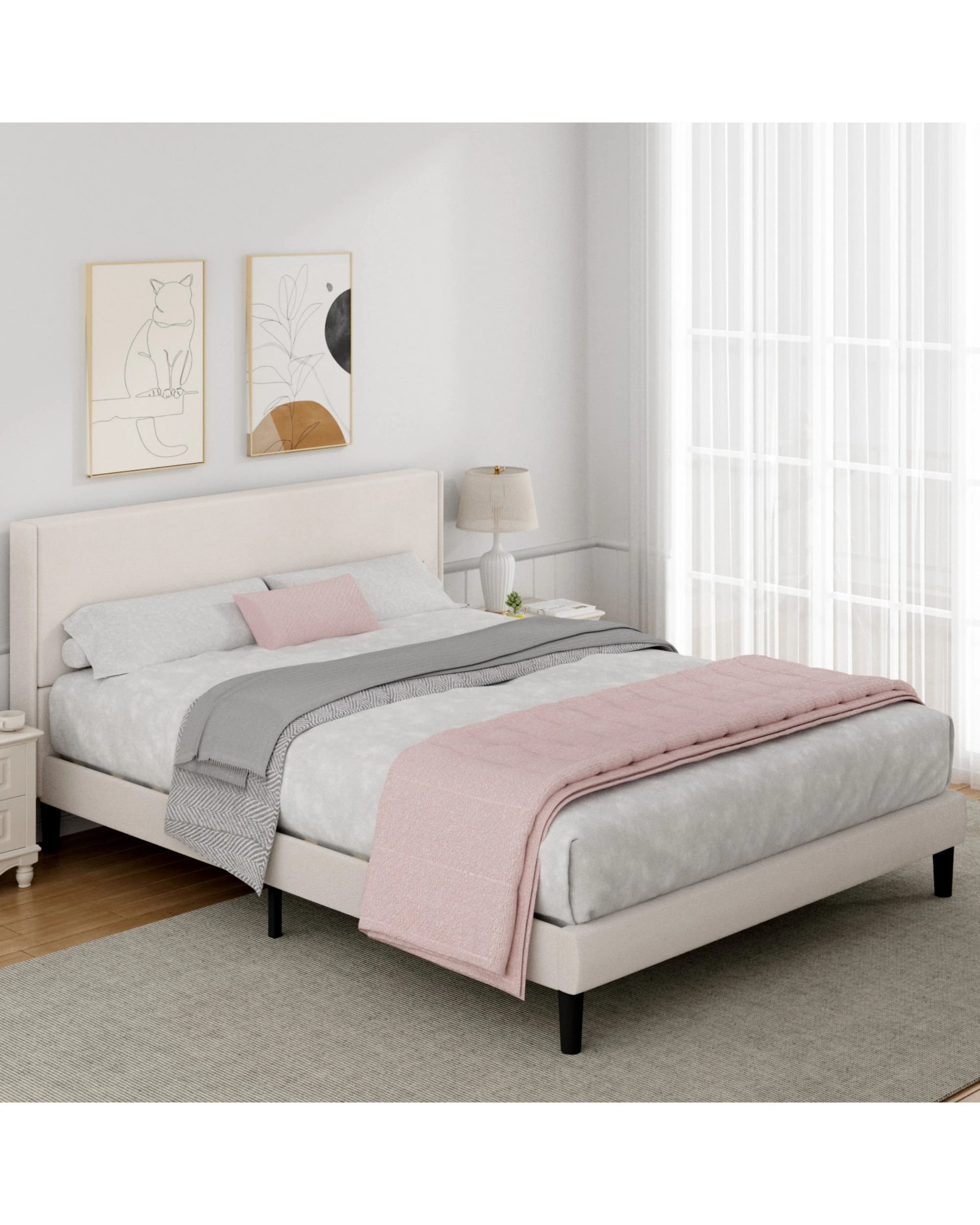 2 Advwin Bed Frame Queen Size Mattress Base Upholstered Platform - Beige, 2 of 7