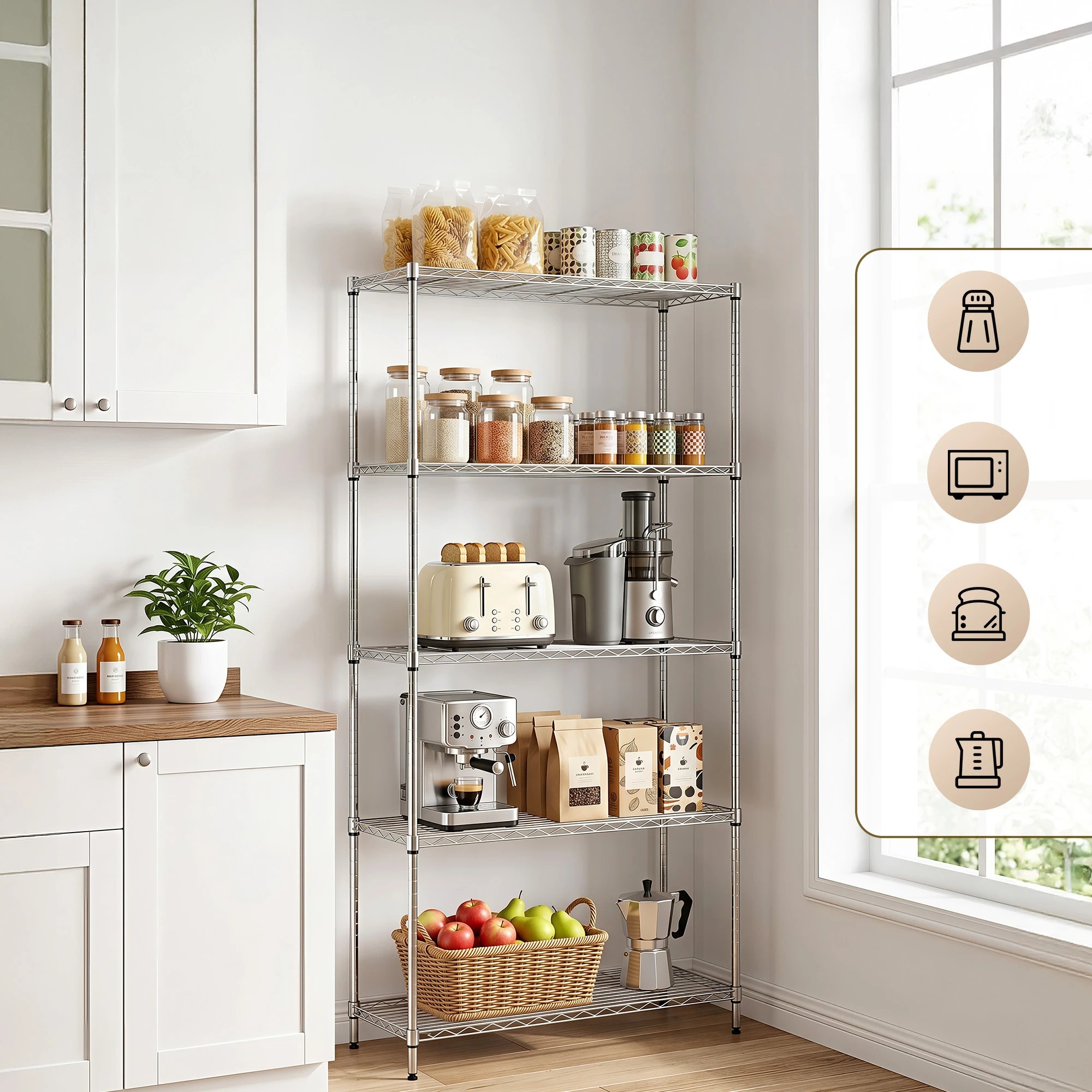 5 Artiss 5-Tier Kitchen Rack Shelf Shelving 90x35x182CM Adjustable Metal Storage Shelves - Silver, 5 of 9