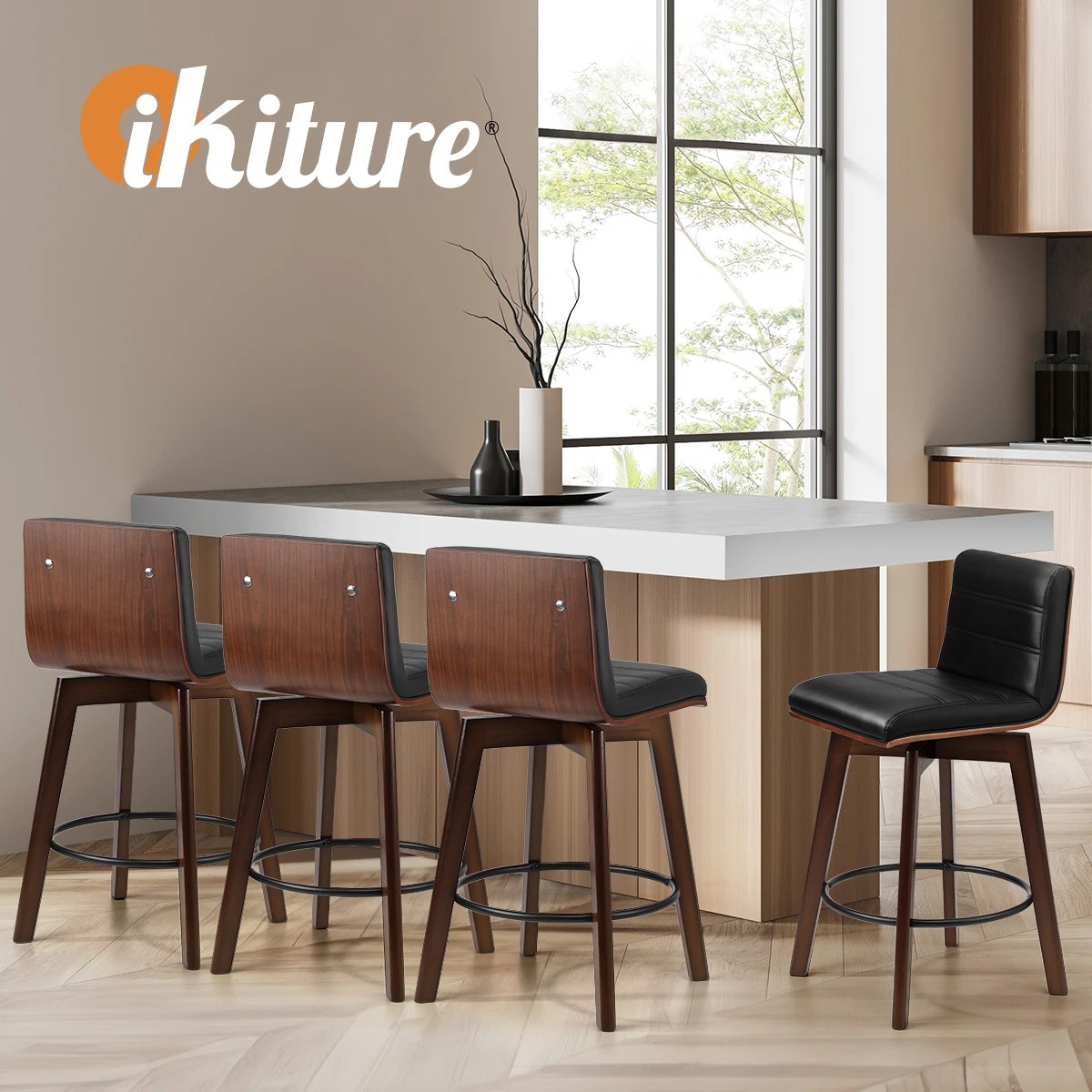 5 Oikiture 2x Wooden Bar Stools Kitchen Counter Swivel Dining Chair Pu Leather
 - Black, 5 of 9