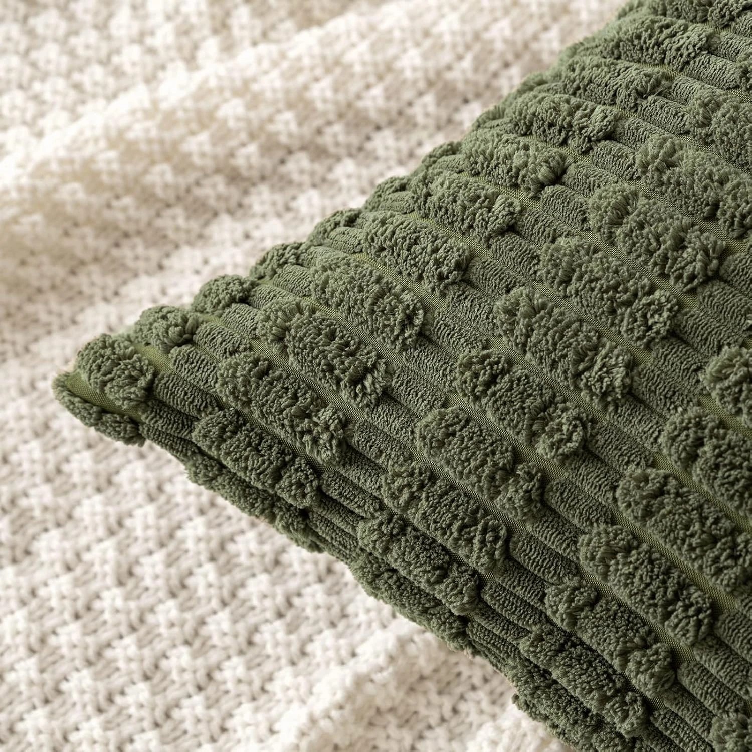 3 Gioia Casa 2-Pack Boho Striped Corduroy Cushion Covers 45x45cm - Olive Green, 3 of 3