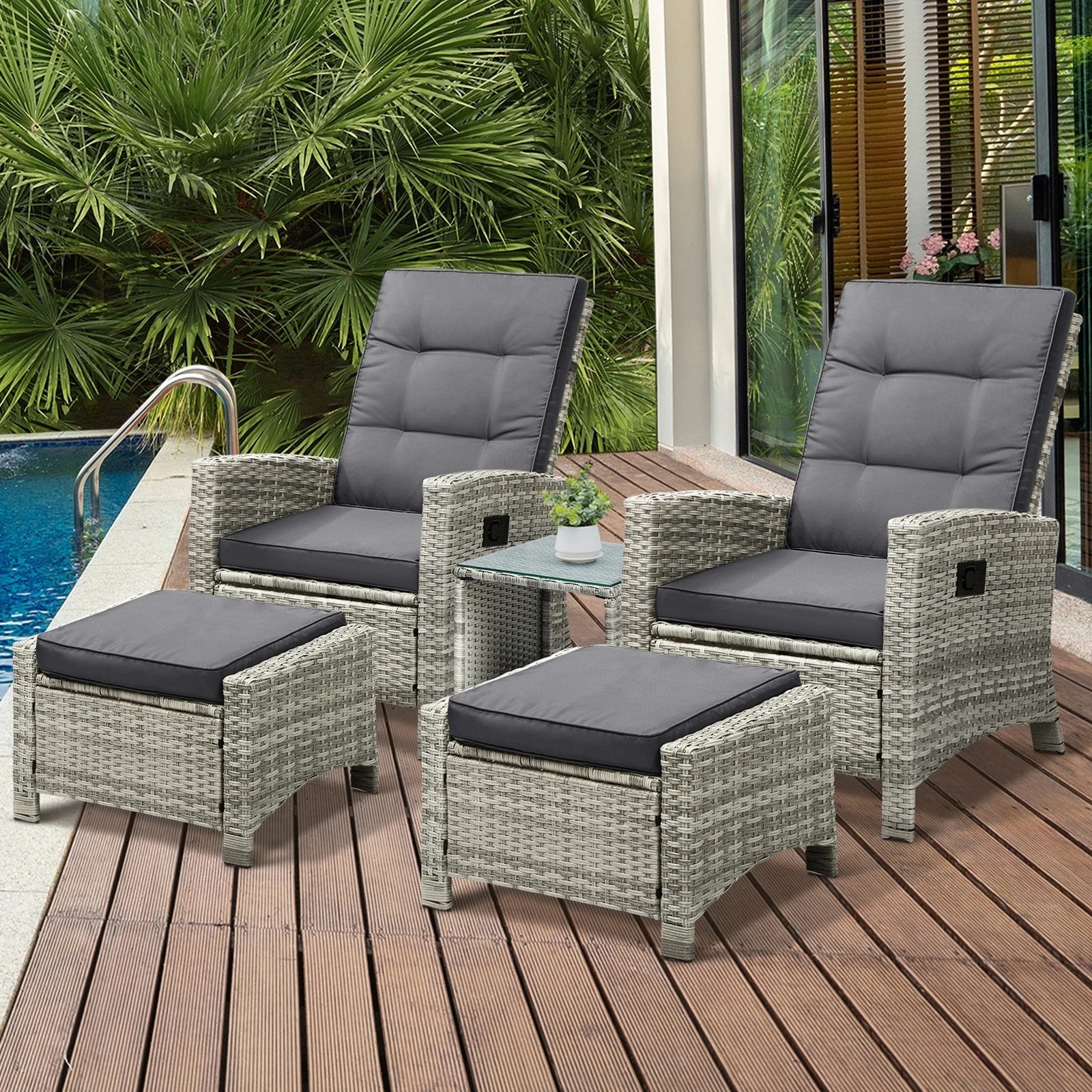 3 Livsip Recliner Chair Wicker Outdoor Furniture Garden Patio Lounge 5pcs Setting
 - Grey, 3 of 10