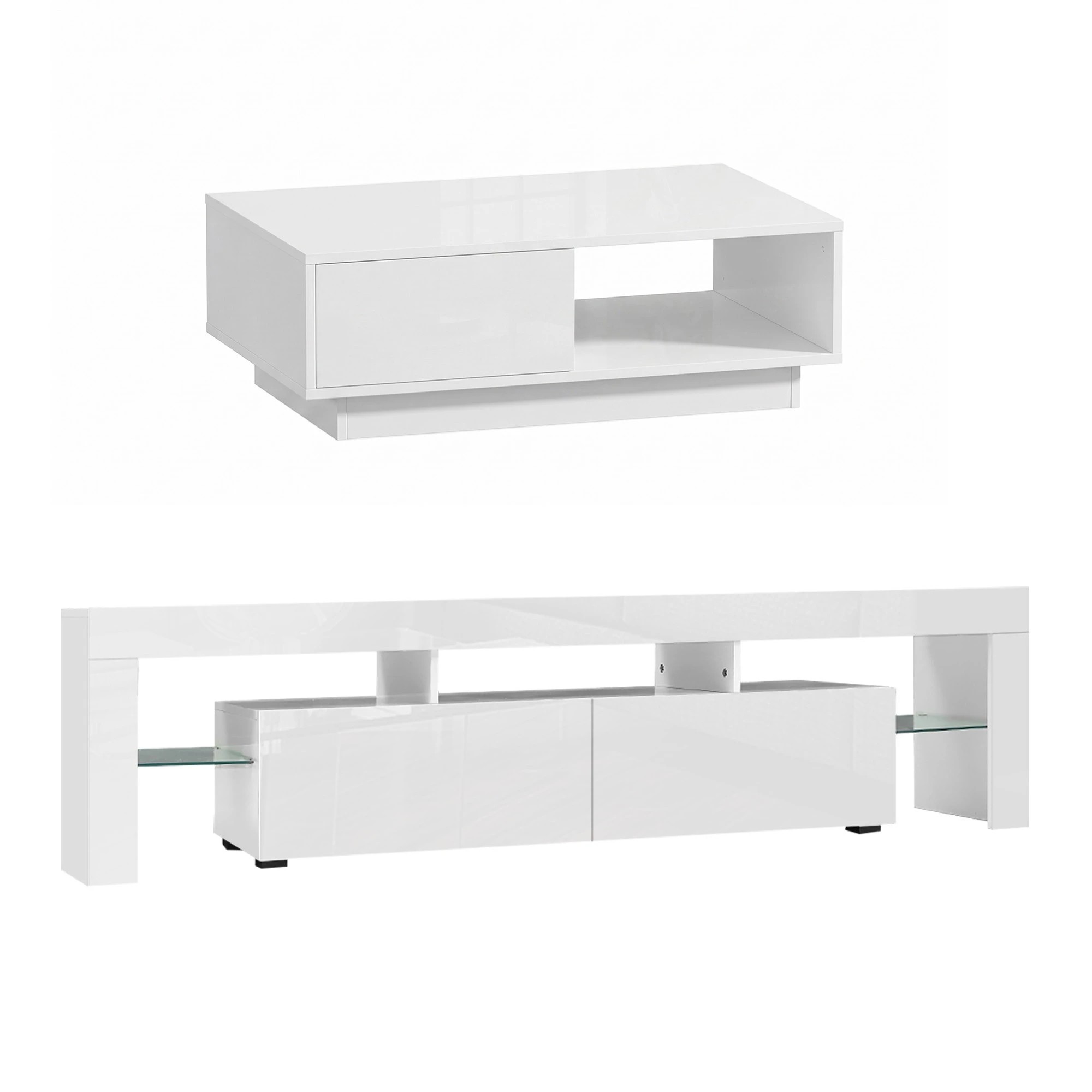 1 Artiss LED TV Unit & Coffee Table Set Storage Cabinet - White, 1 of 10