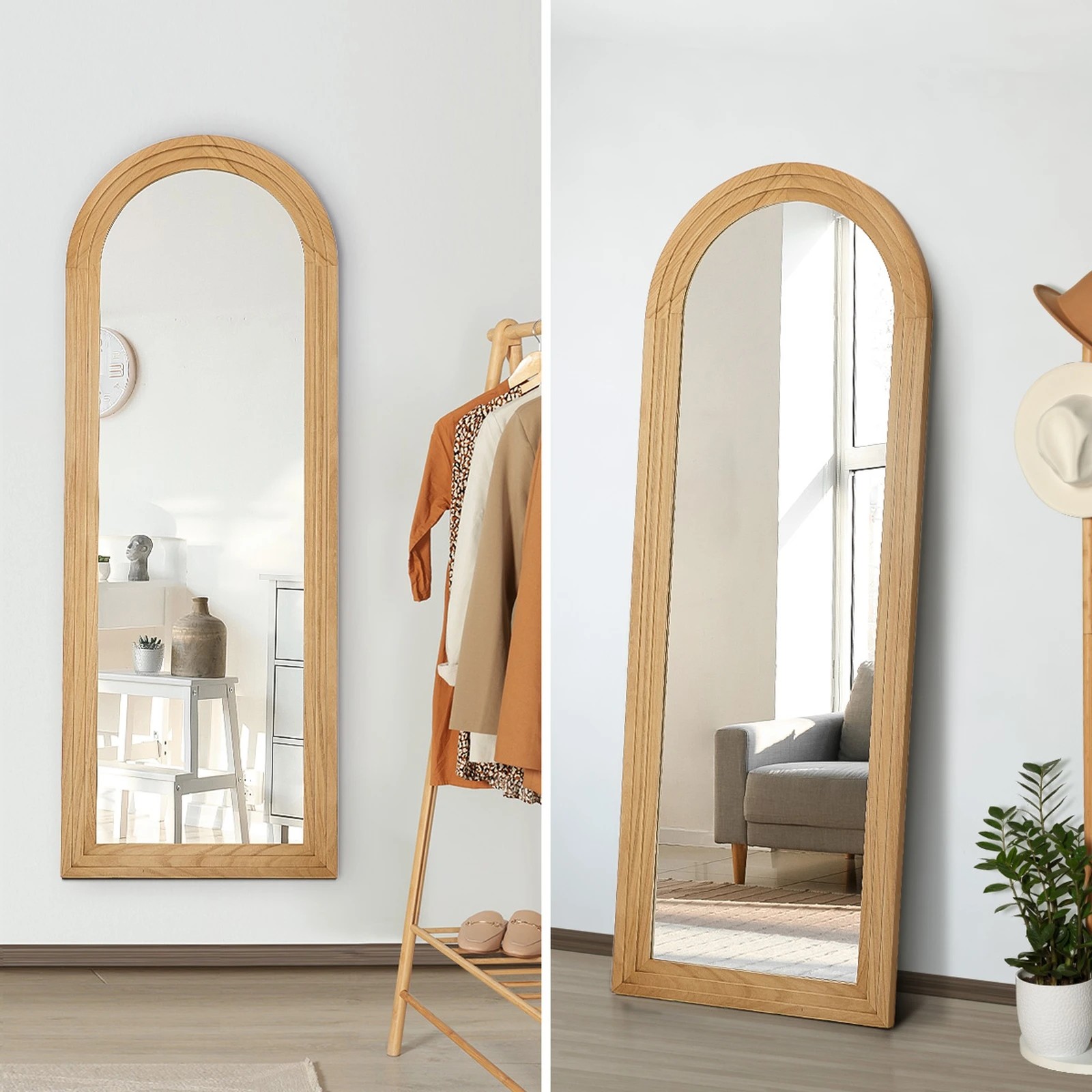 6 Oikiture Full Length Arch Mirror 165x60cm Wood Wall Mounted Home Decor - Natural, 6 of 10