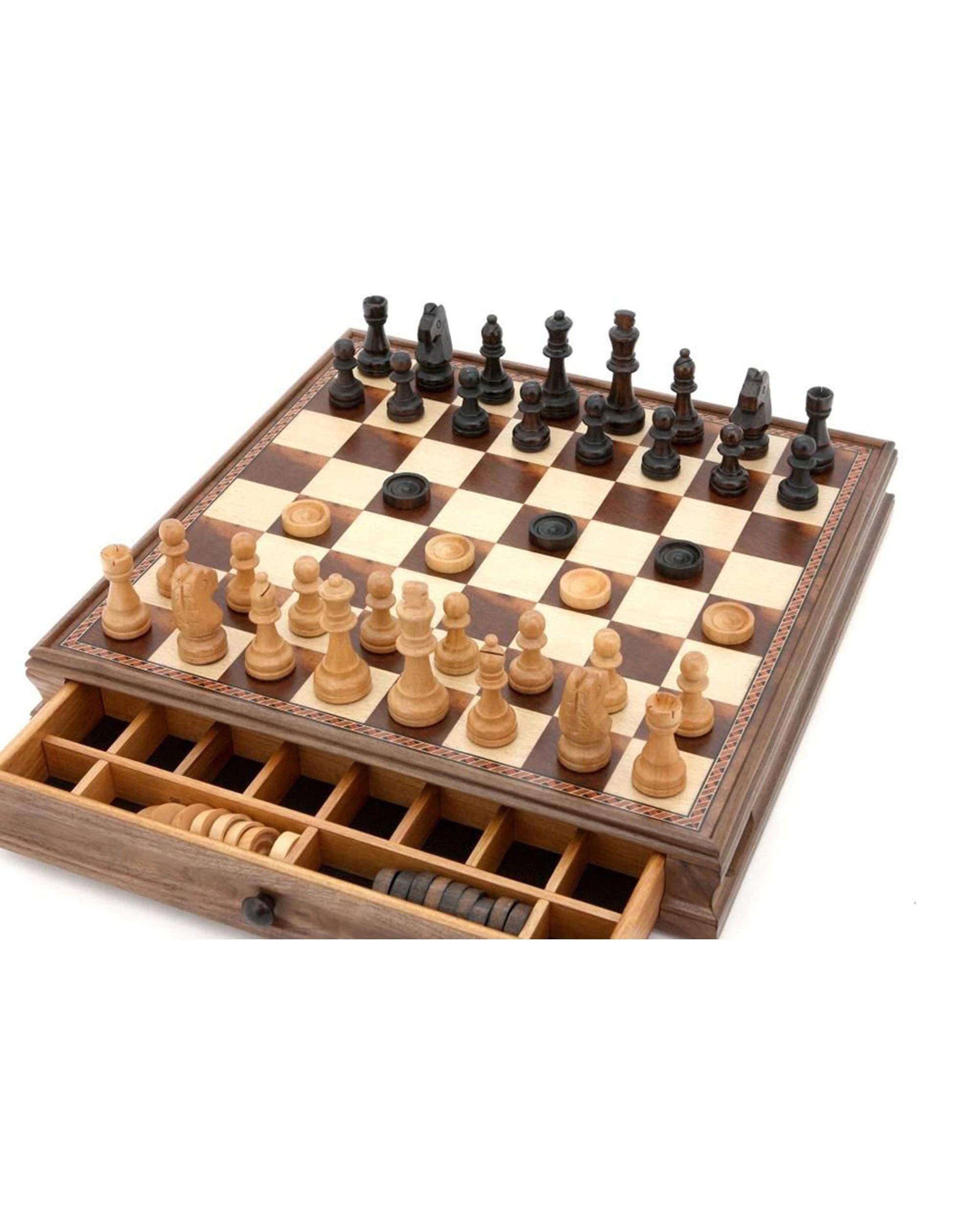 3 Dal Rossi 15 inch Walnut 2-in-1 Chess/Checkers Set with Drawers, 3 of 4