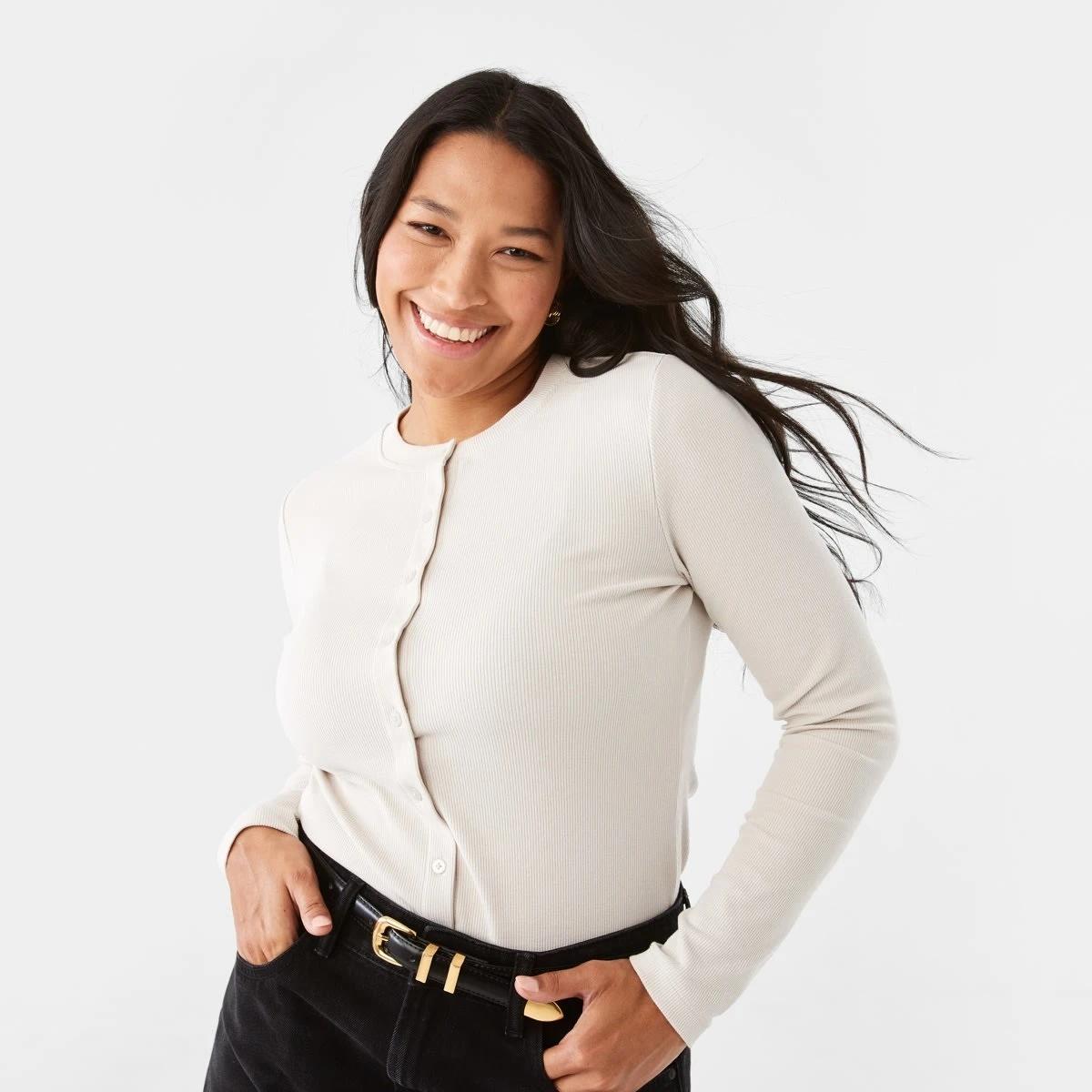 1 Long Sleeve Rib Button Front Top Nat Beige, 1 of 7