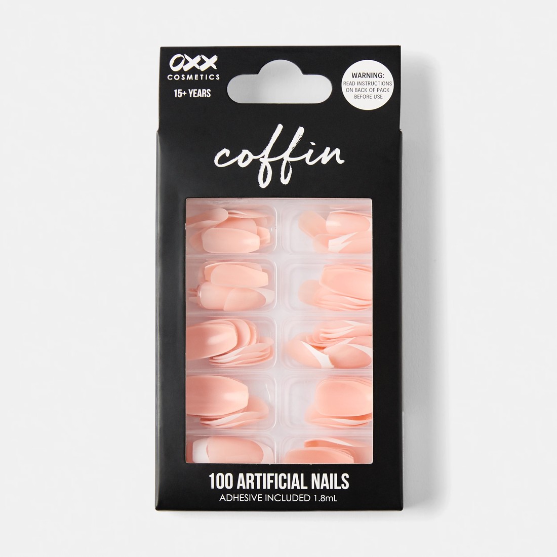 1 OXX Cosmetics 100 Pack Artificial Nails with Adhesive - Coffin Shape, French Tip, 1 of 5