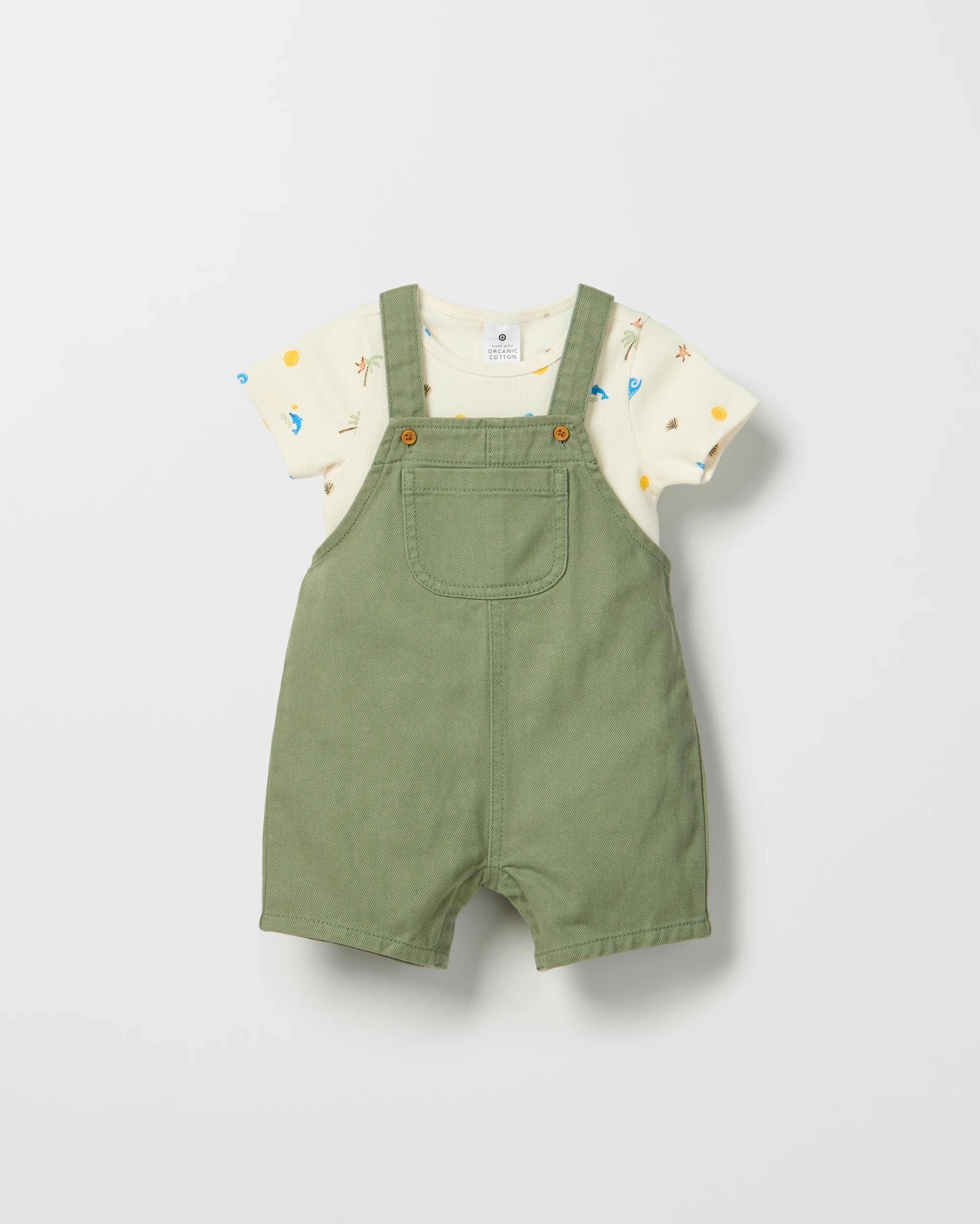 1 Target Baby Baby Organic Cotton Twill Shortalls with Bodysuit 2 Piece Set SANDSTONE, 1 of 2