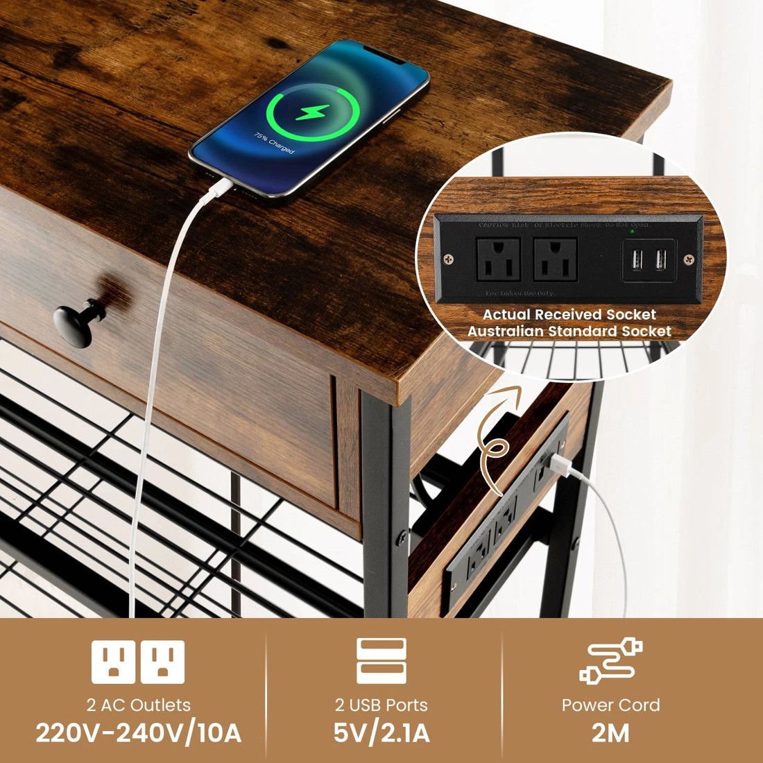 4 Costway 3-Tier Industrial Console Table w/Charging Station Hallway Table - Brown, 4 of 10