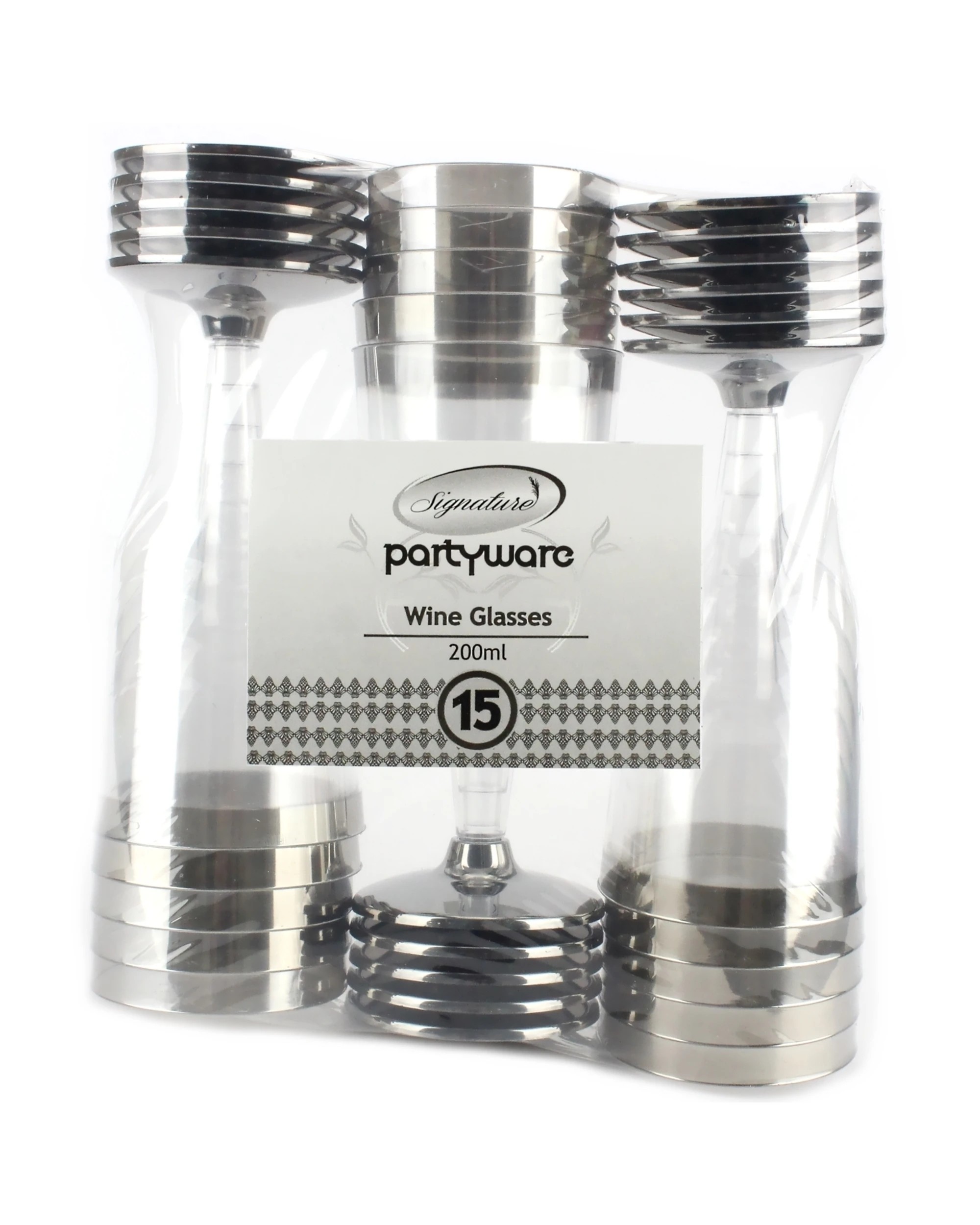 2 Partyware Silver Trim Plastic Wine Glasses Pack of 15, 2 of 2