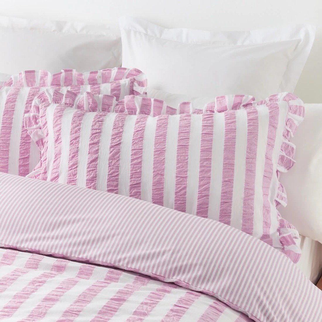 3 Ruffle Stripe Cotton Quilt Cover Set - King Bed, Mauve, 3 of 7