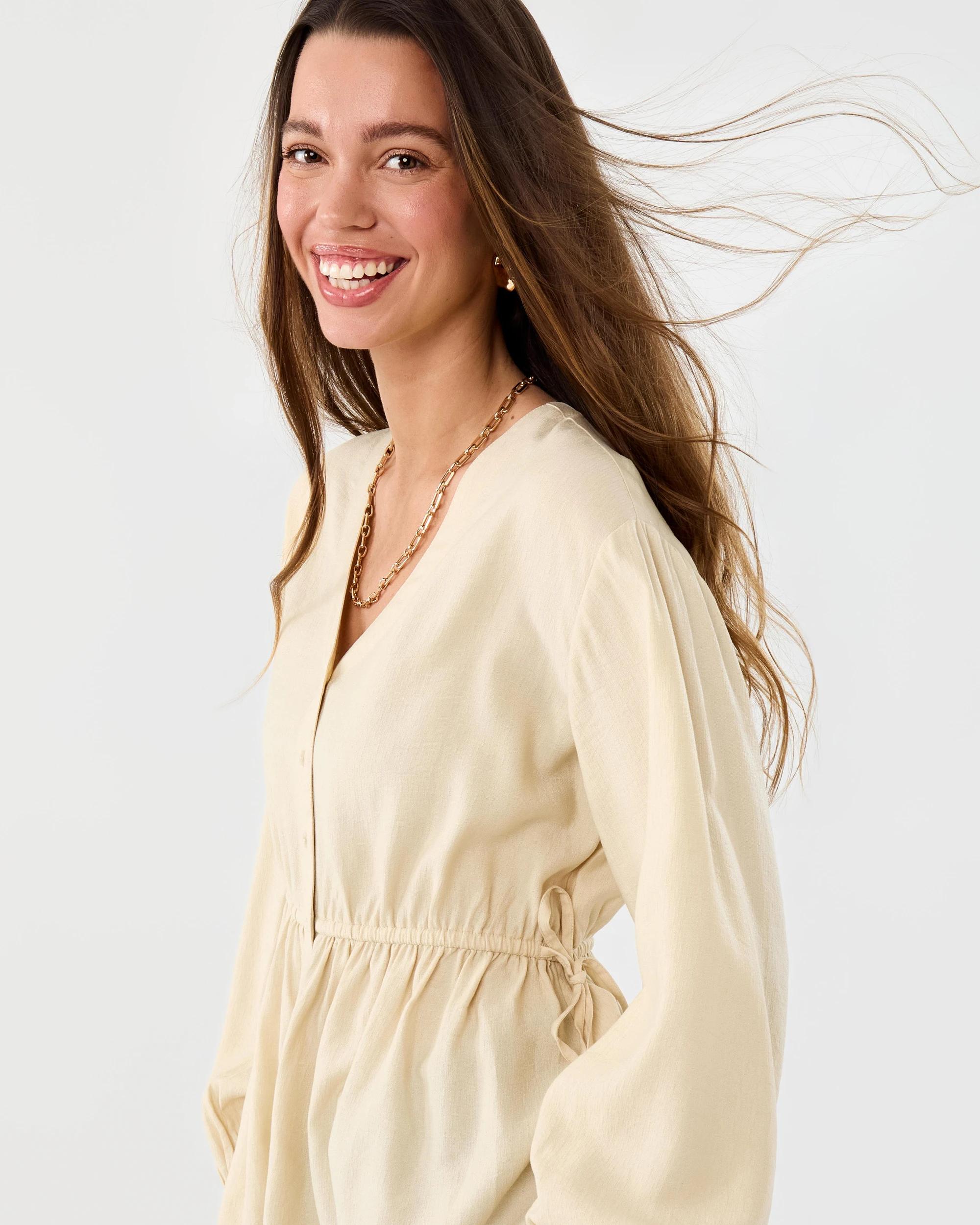 5 Long Sleeve Ruched Tie Top Vanilla, 5 of 7