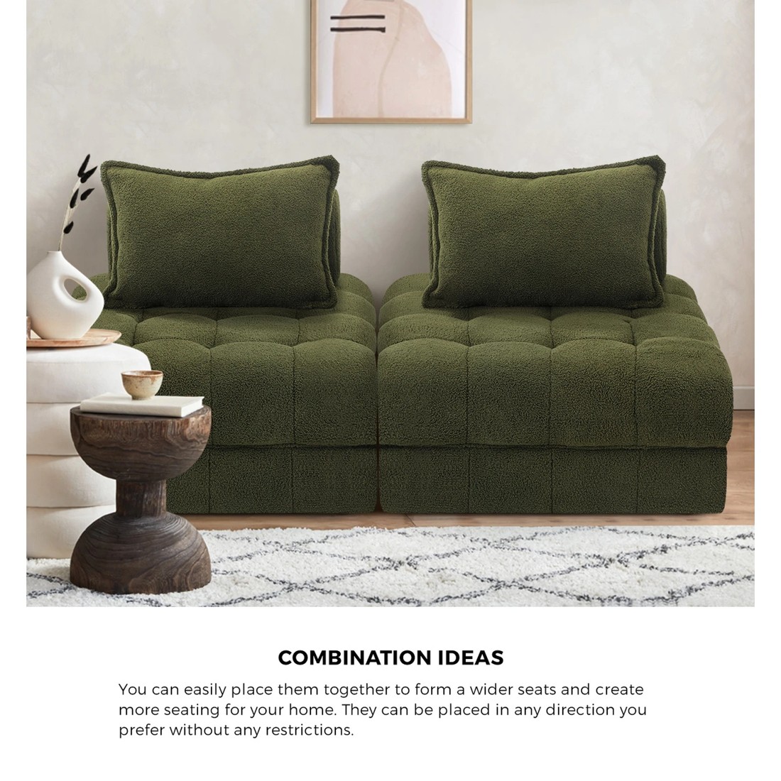 3 Oikiture 2 Seater Boucle Modular Sofa Lounge Chair Armless Tofu Back
 - Green, 3 of 10