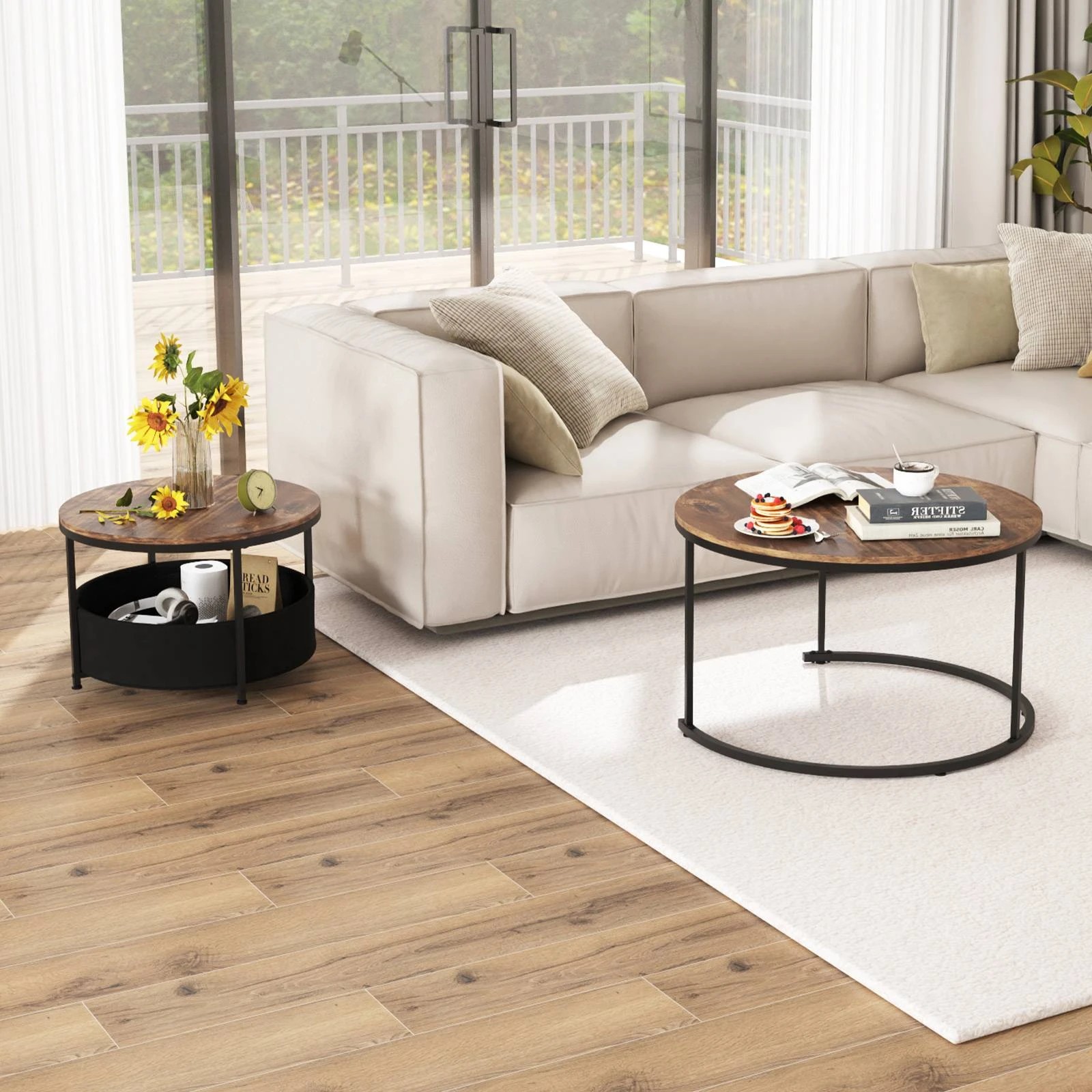 5 Costway 2 IN 1 Nesting Coffee Table Set of 2 w/Storage Round Sofa Side Table - Brown, 5 of 6