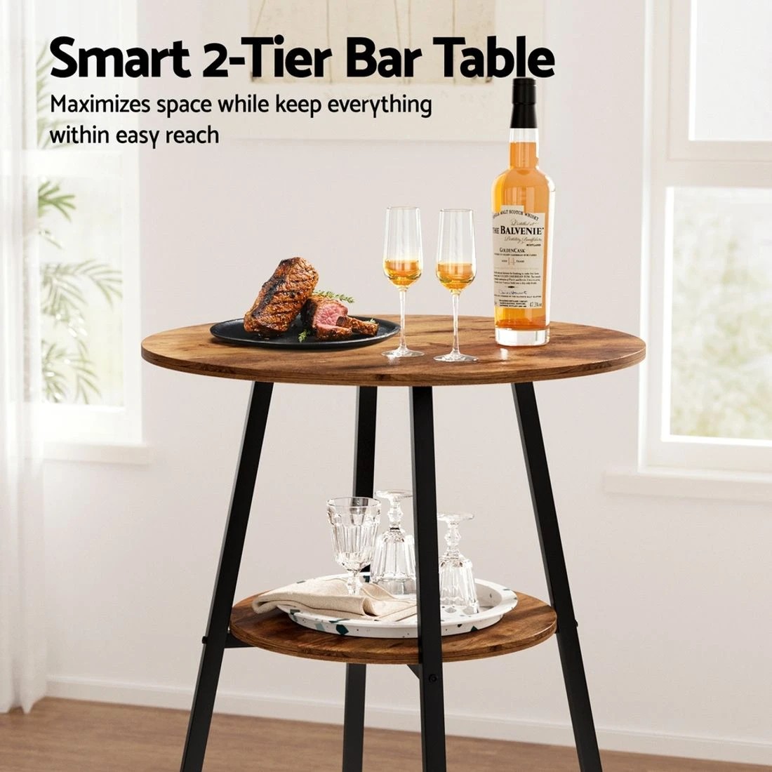 6 Artiss Bar Table Dining 2-Tier Storage 95cm Height Adjustable Metal Round Walnut - Brown, 6 of 8
