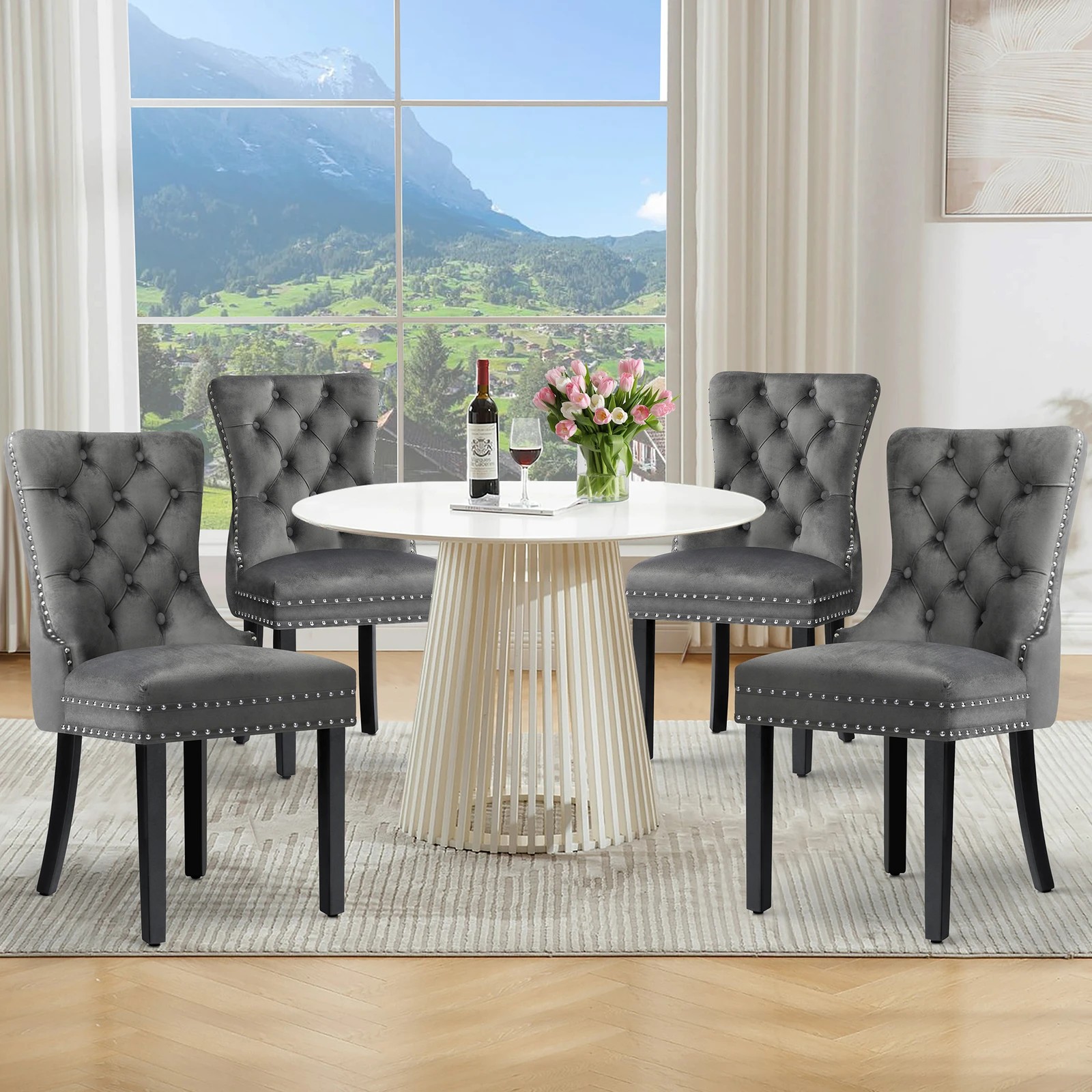 2 Alfordson 4x Dining Chair Kitchen Lounge Retro Button Tufted Wooden Velvet - Grey, 2 of 10