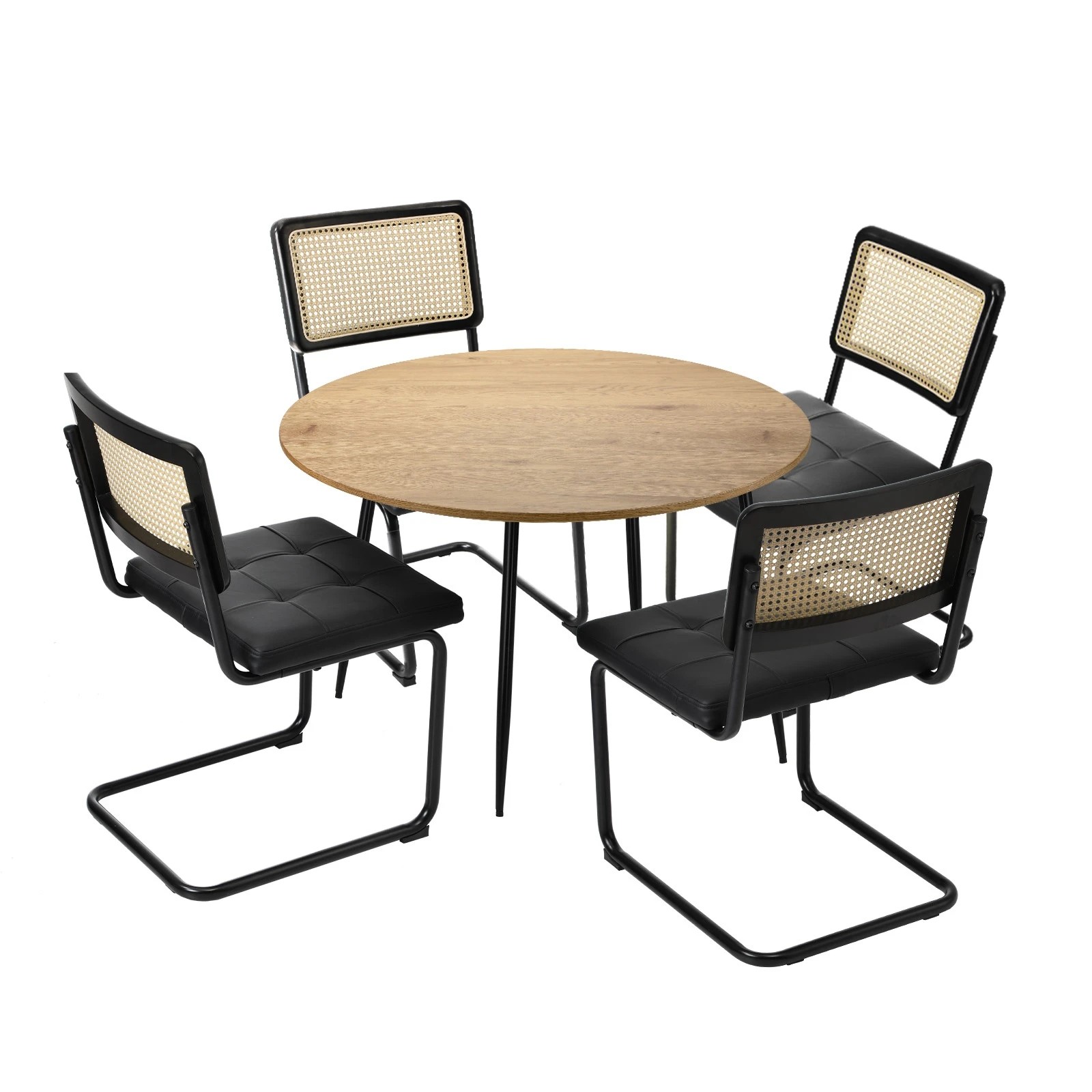 1 Oikiture 110cm Round Dining Table with 4PCS Dining Chairs Leather Padded - Black, 1 of 9