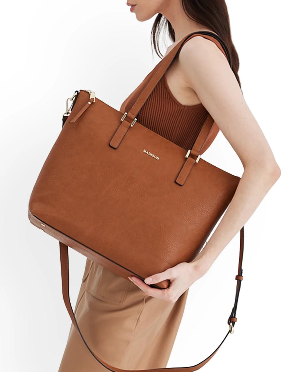 10 Madison Accessories Inga Large Tote Bag with Laptop Pocket DK TAN, 10 of 10
