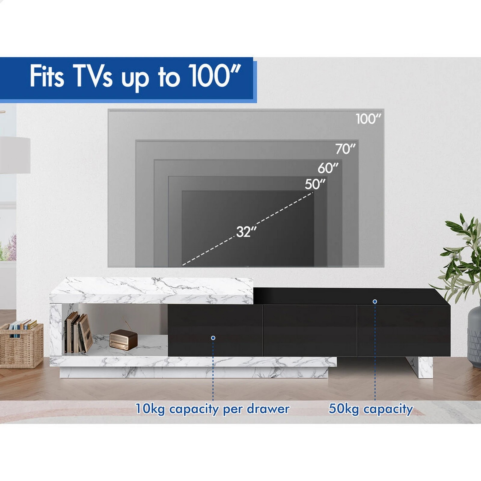 9 Alfordson 190-280cm Extendable Entertainment Unit TV Stand Cabinet Drawer - Marble Black, 9 of 9