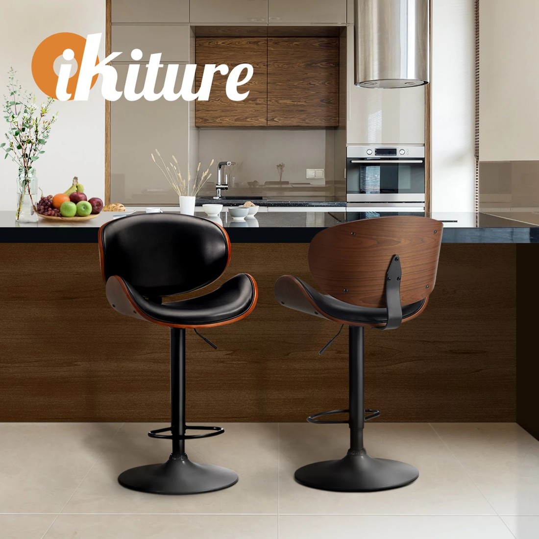 6 Oikiture 2x Bar Stools Kitchen Stool Swivel Chair Wooden Leather Gas Lift
 - Black, 6 of 10