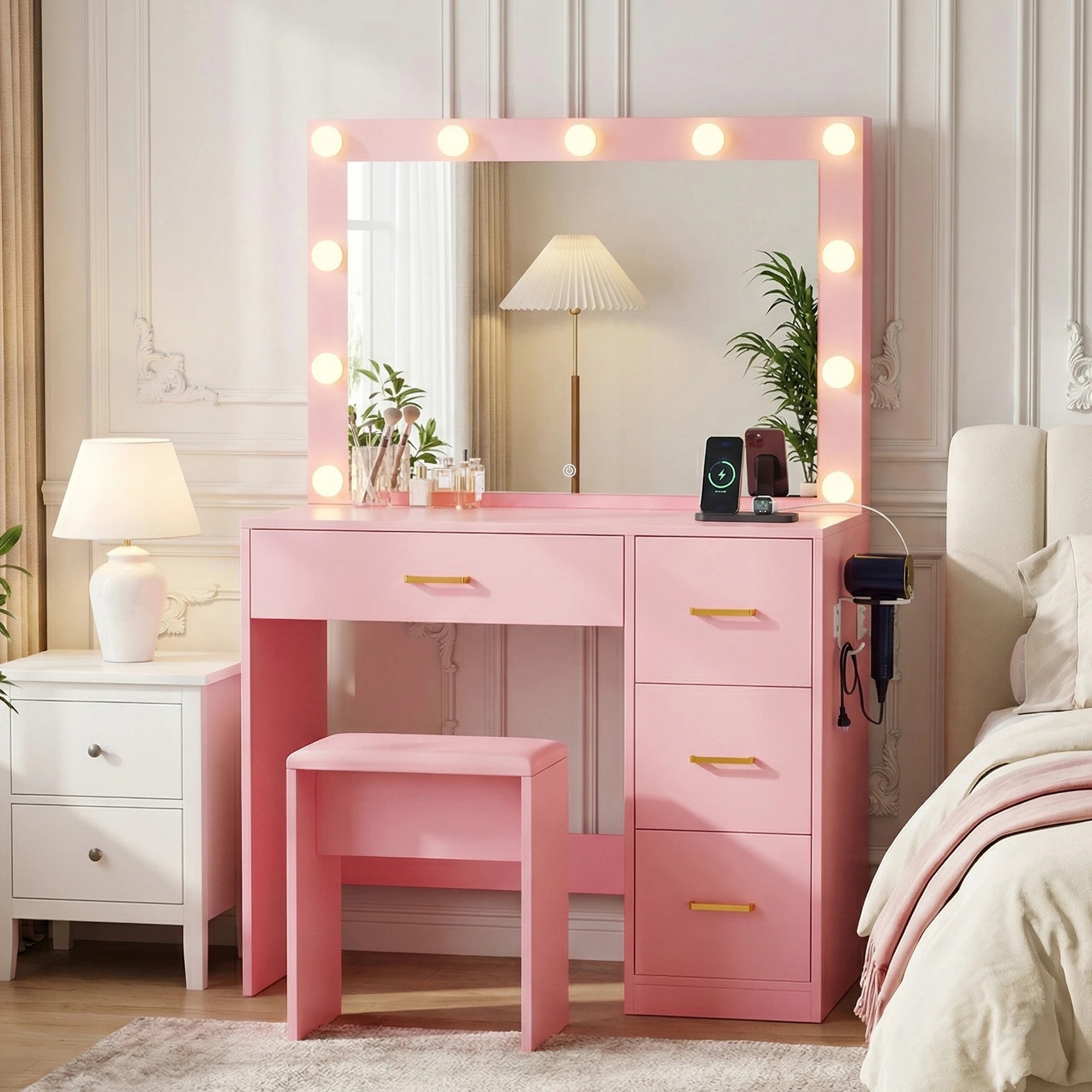 7 Advwin Makeup Vanity Desk with Mirror and 11 Light Bulbs Charging Station - Pink, 7 of 9