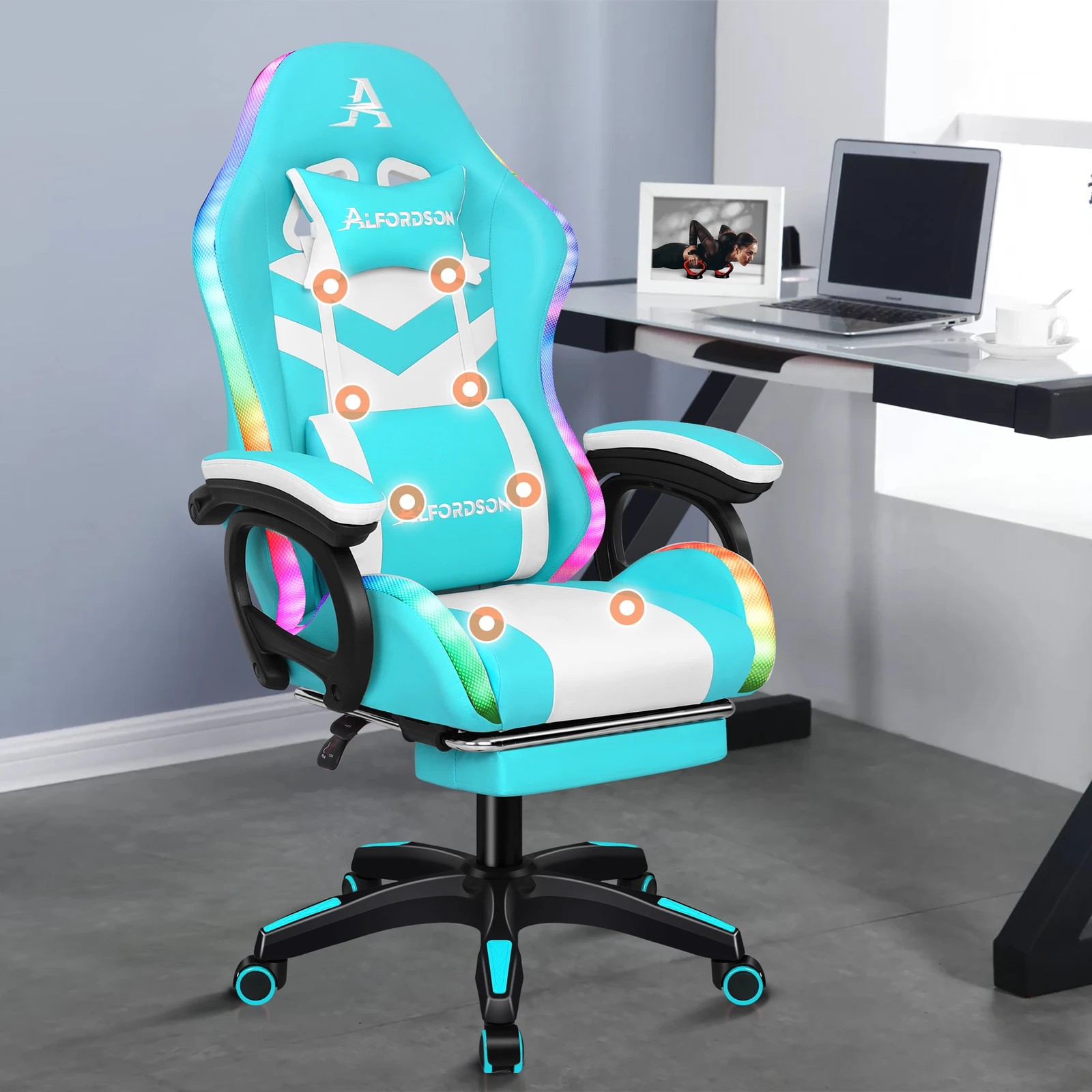 2 Alfordson Gaming Office Chair Massage 12 RGB LED Computer Seat Footrest - Cyan White, 2 of 10