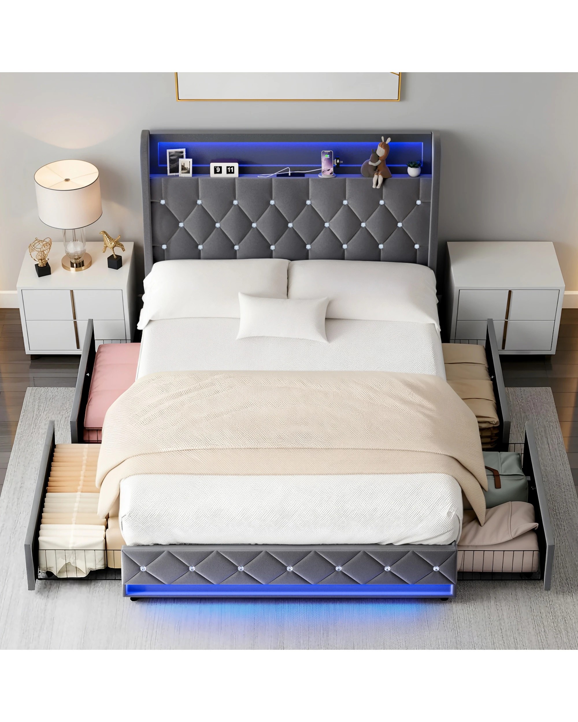 2 Advwin Queen LED Bed Frame with Velvet Upholstered Headboard & Charging Station - Grey, 2 of 7