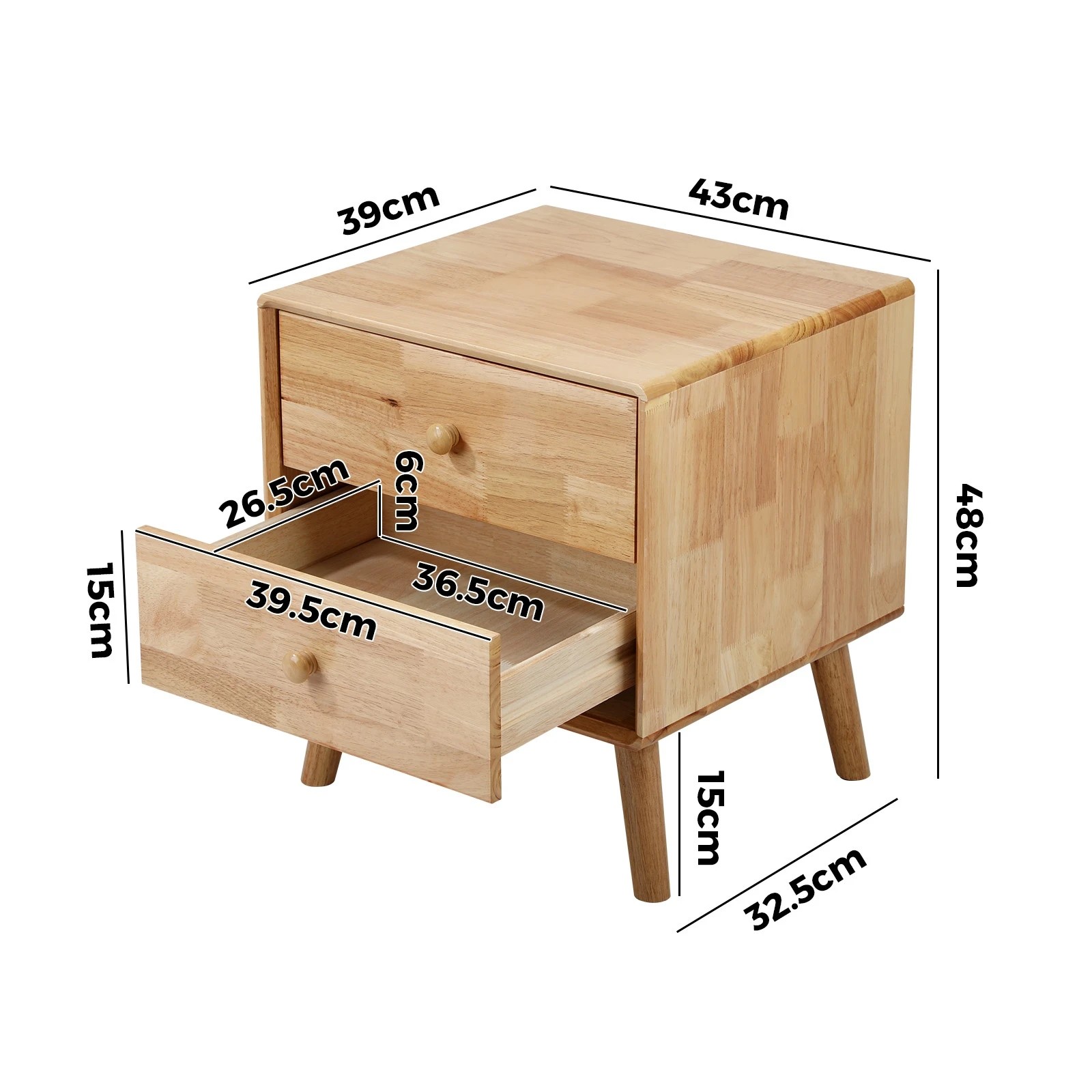 2 Oikiture Set of 2 Bedside Tables 2 Drawers Side Tables Nightstand Rubber - Natural, 2 of 9