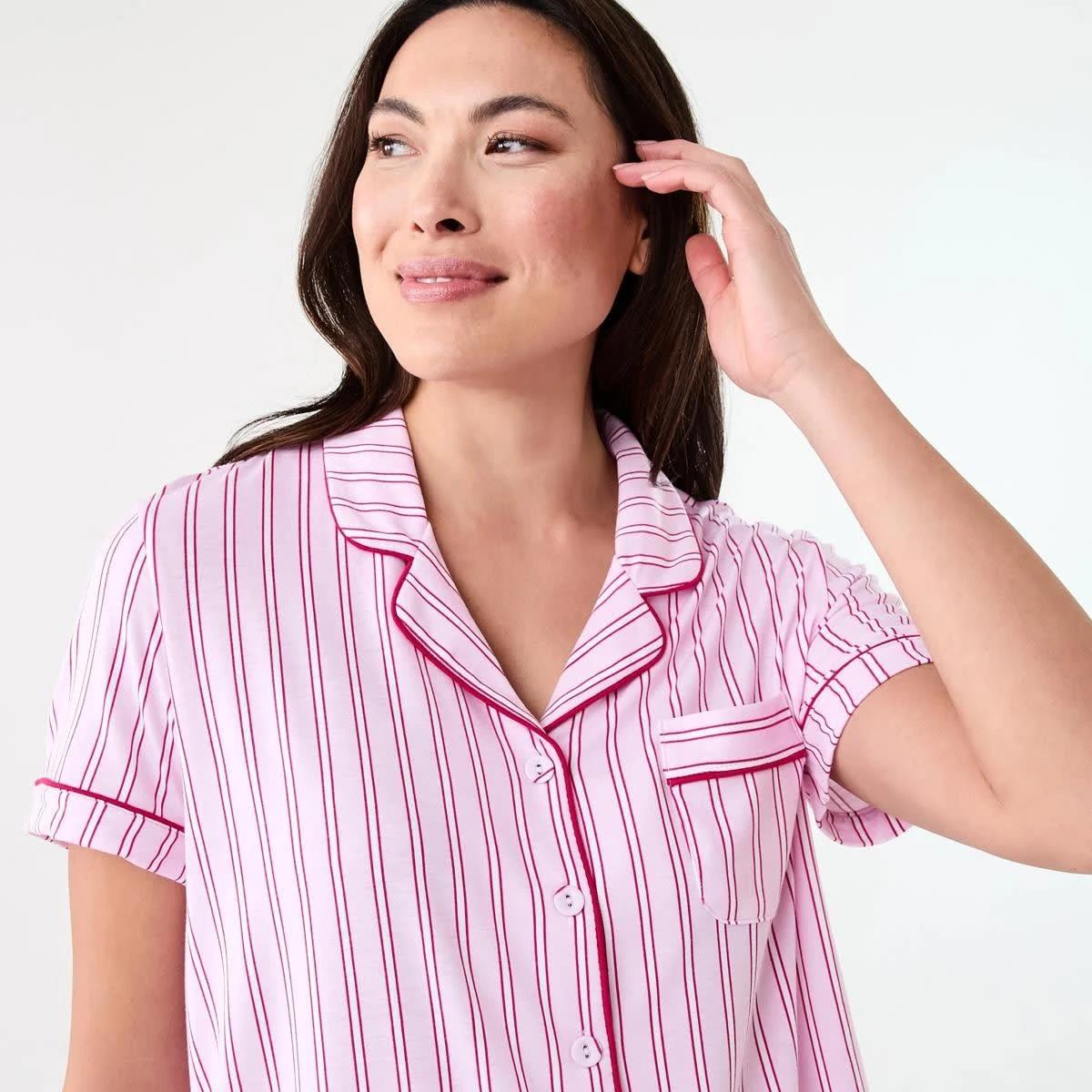 4 Short Sleeve Top and Shorts Comfort Pyjama Set TONAL STRIPE PINK LADY, 4 of 8