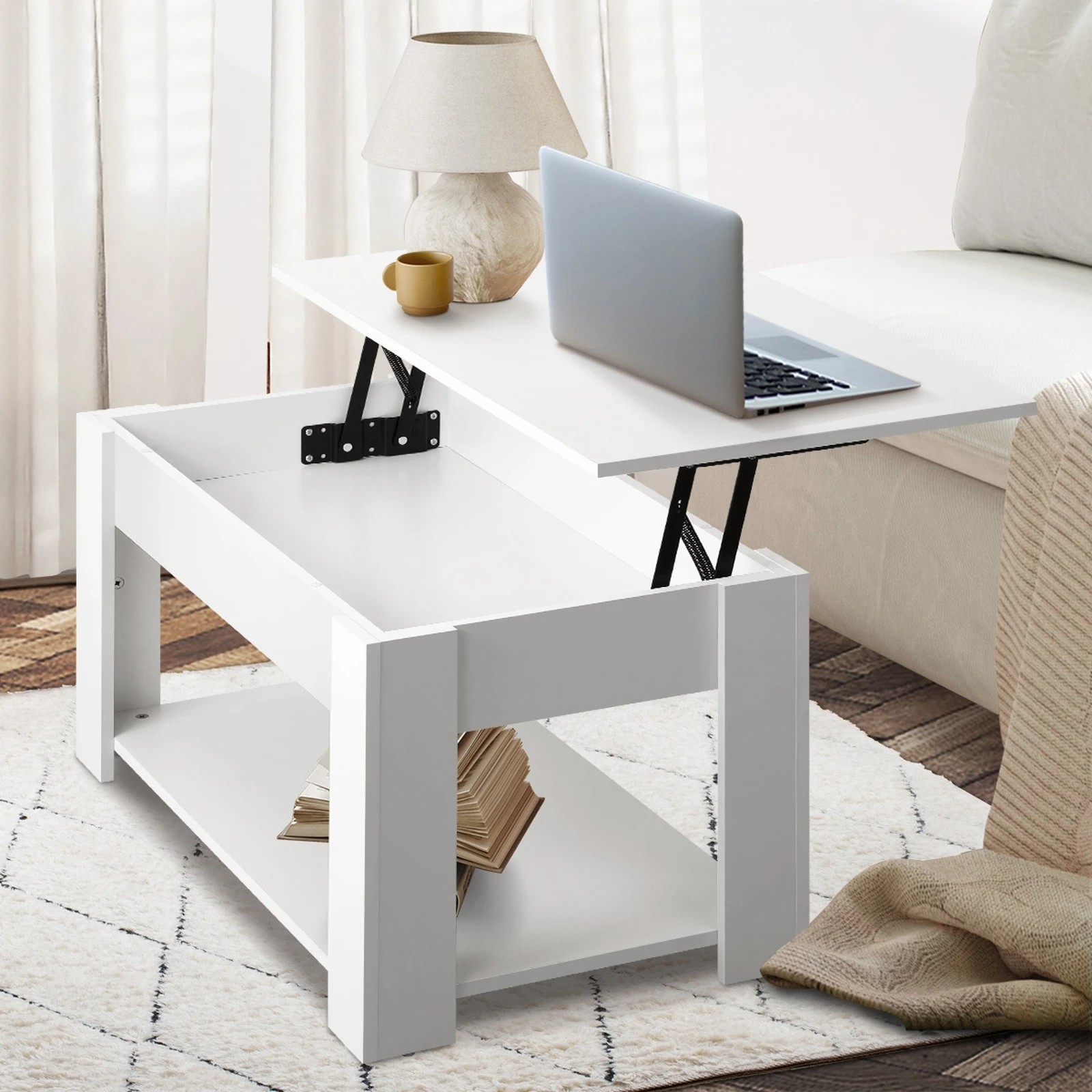 3 Oikiture Coffee Table Lift Up Top Modern Tables Hidden Book Storage
 - White, 3 of 10