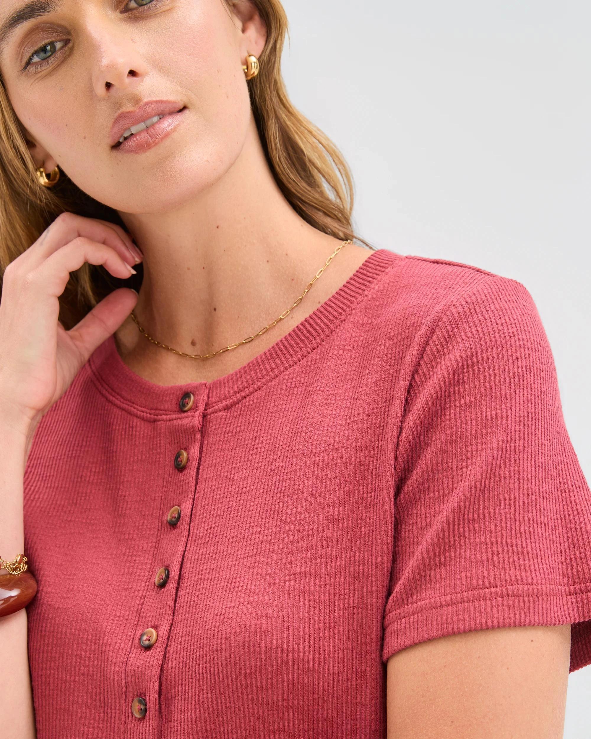 5 Target Woman Australian Cotton Blend Textured Rib Henley T-Shirt EARTH RED, 5 of 5