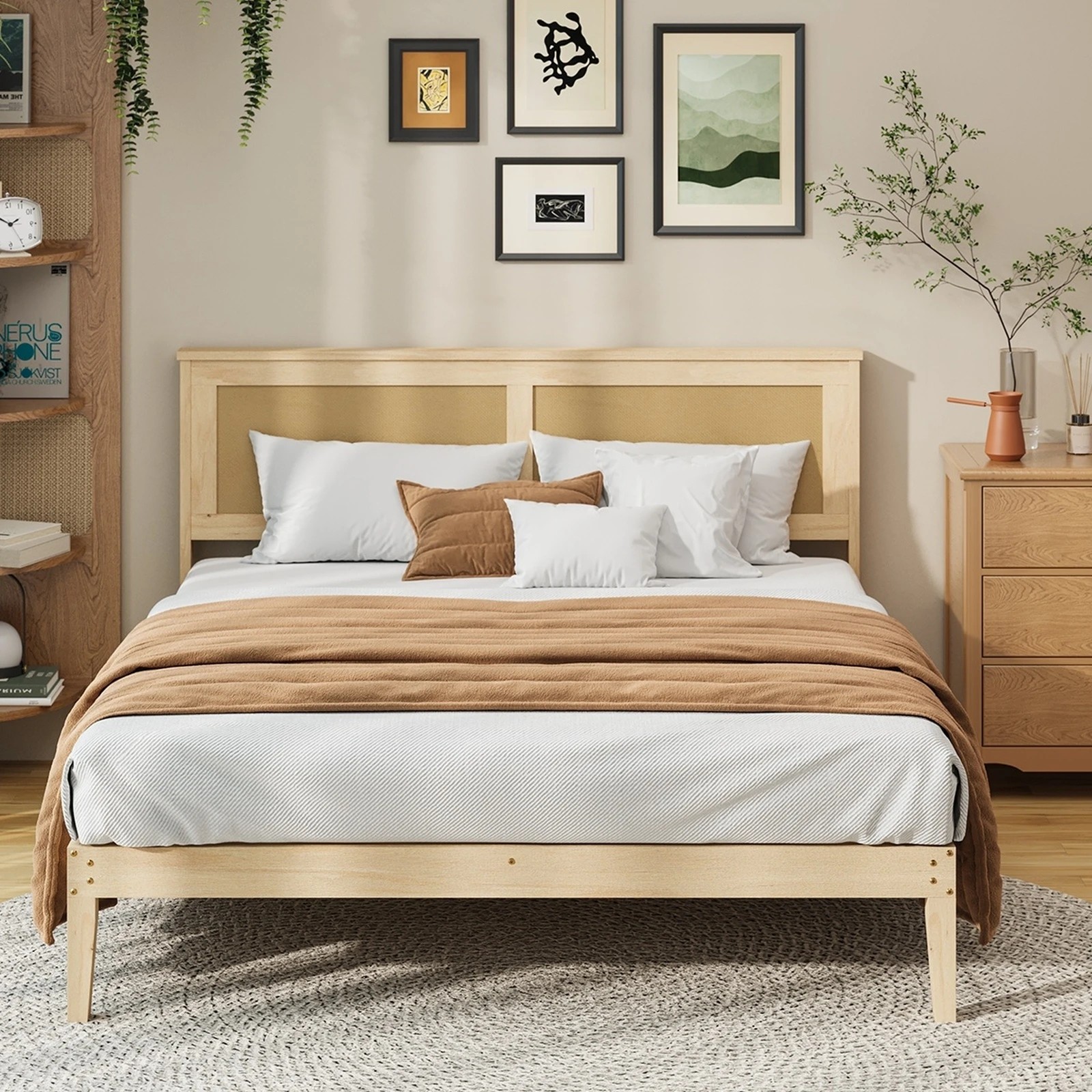 1 Oikiture Wooden Bed Frame Rattan Headboard Double - Double Bed - Natural, 1 of 10