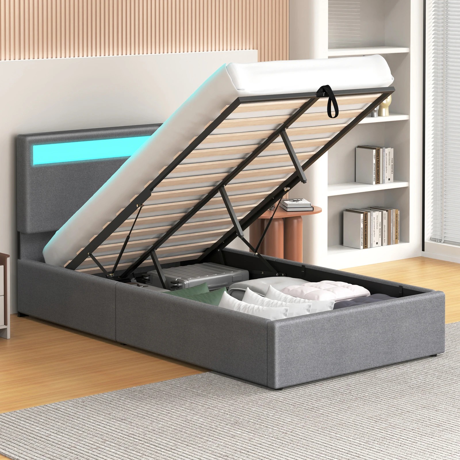 4 Alfordson Bed Frame King Single RGB LED Gas Lift Storage Base Luchino - Grey, 4 of 10