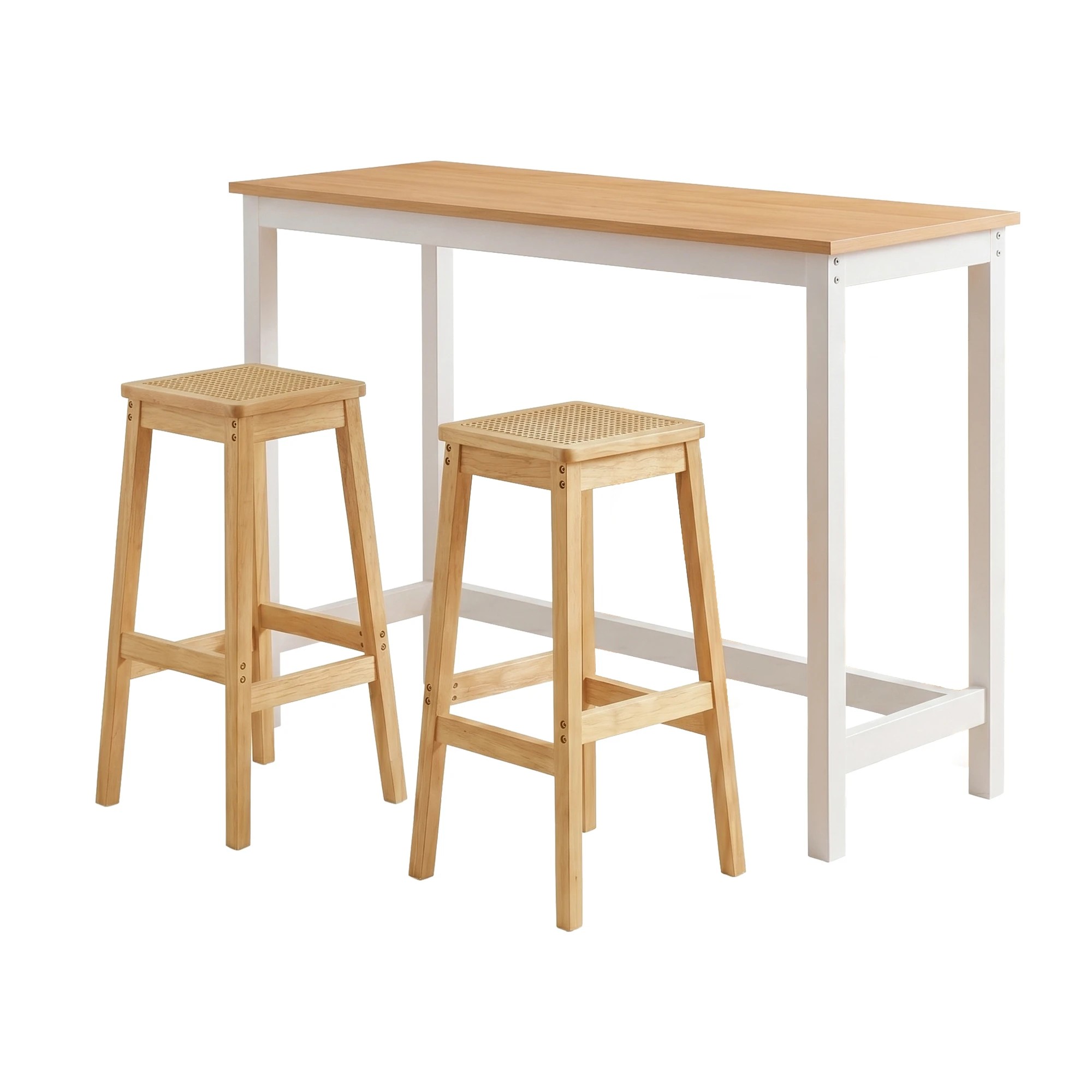 1 Artiss Bar Table and Stools Set Dining Desk Solid Wood Rattan Kitchen Chairs Cafe Pub - Natural, 1 of 9