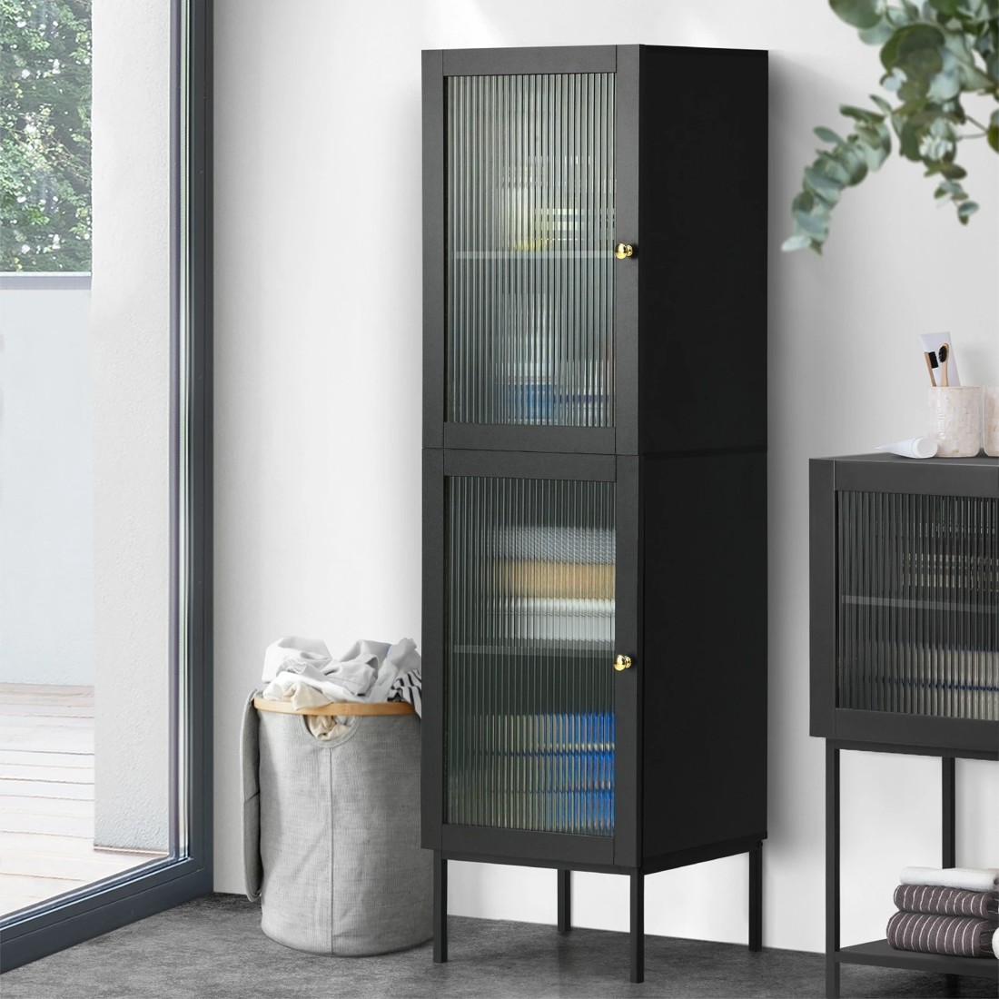 3 Oikiture Storage Cabinet Tall Slim Cupboard Tempered Glass Door
 - Black, 3 of 9