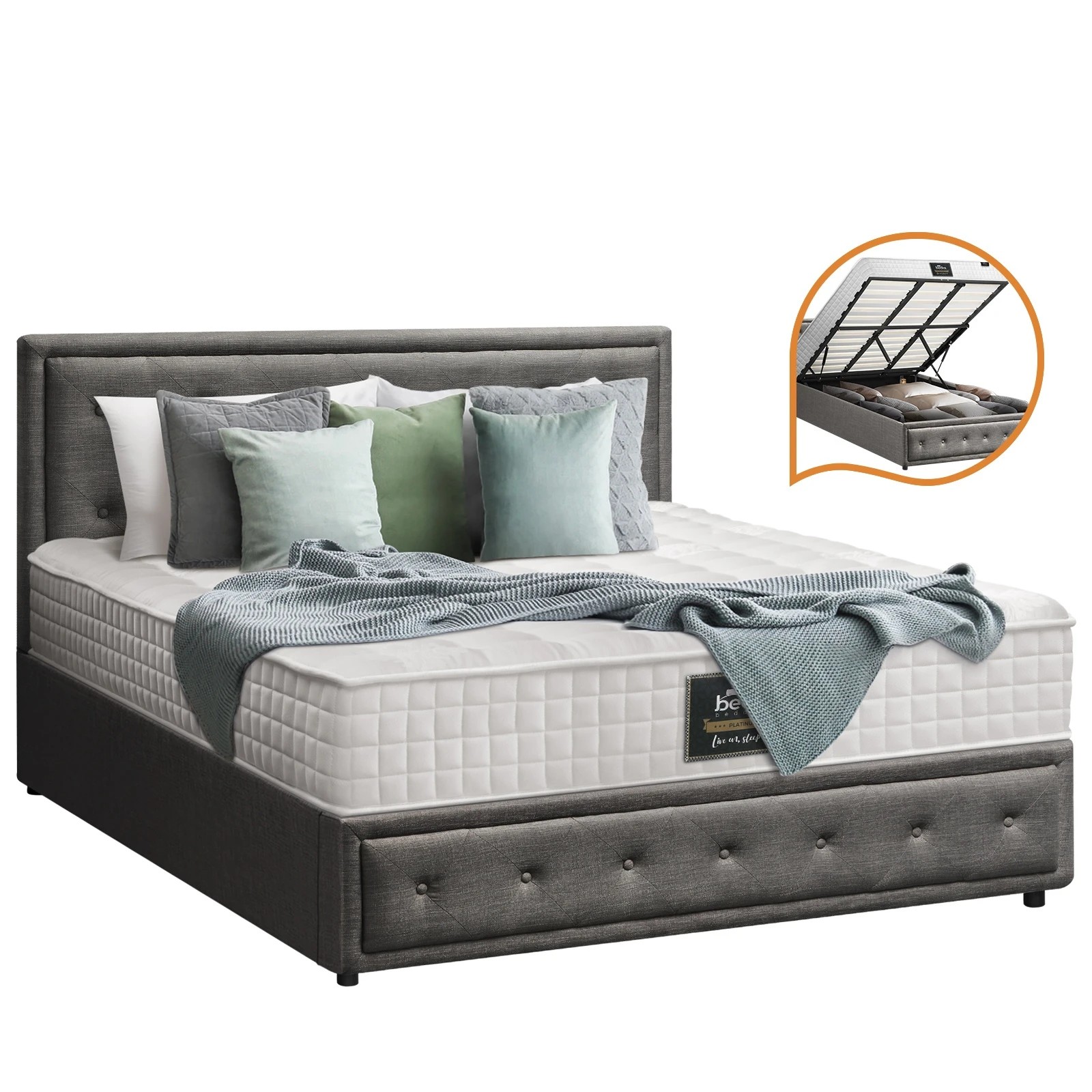 1 Oikiture King Bed Gas Lift Storage Base With Mattress Set
 - Grey, 1 of 10