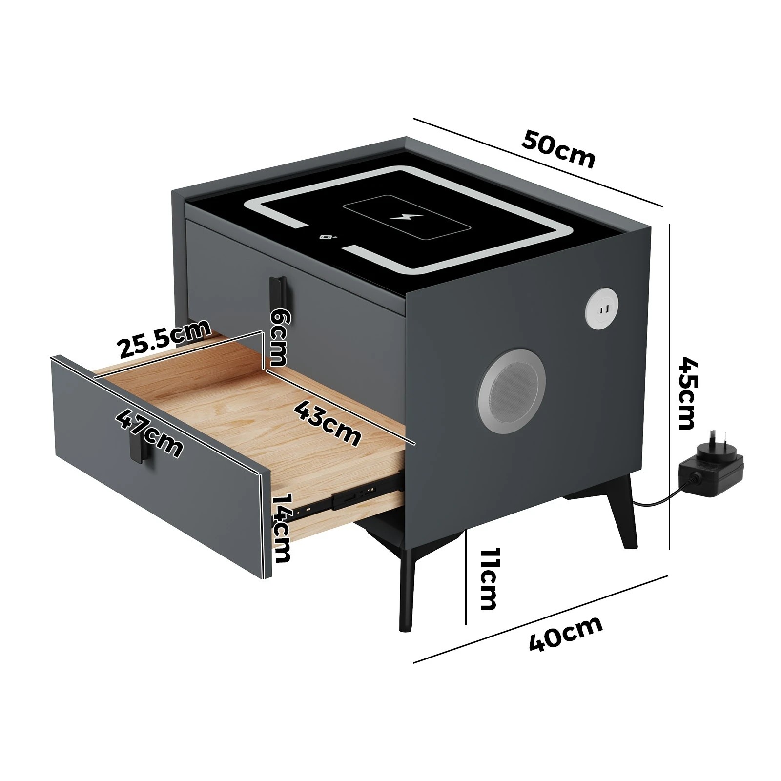 2 Oikiture Set of 2 Smart Bedside Tables Wireless Charging LED Nightstand - Grey, 2 of 7