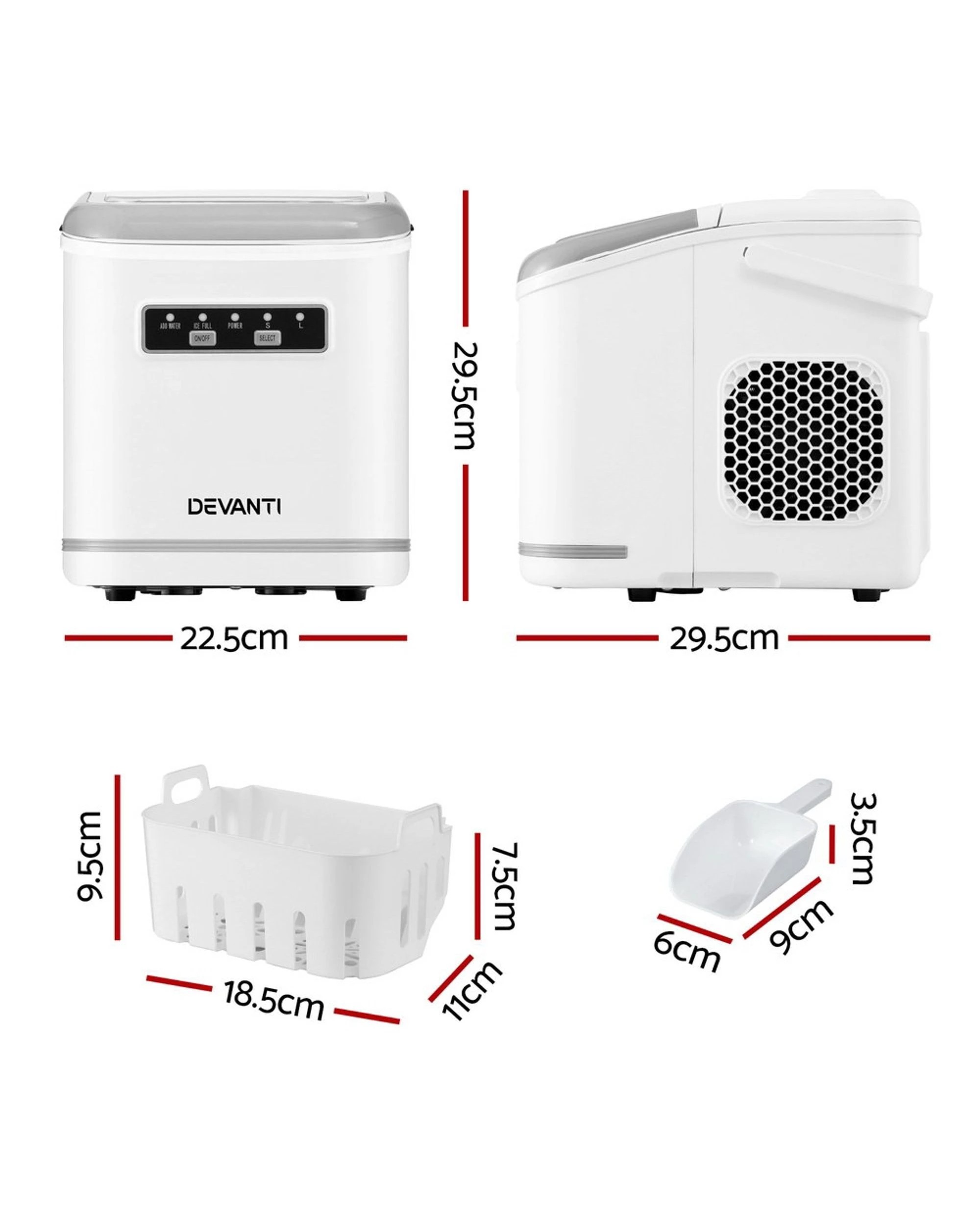 2 Devanti Ice Maker Machine Portable 12kg Countertop w/Self Cleaning 1.3L - White, 2 of 7