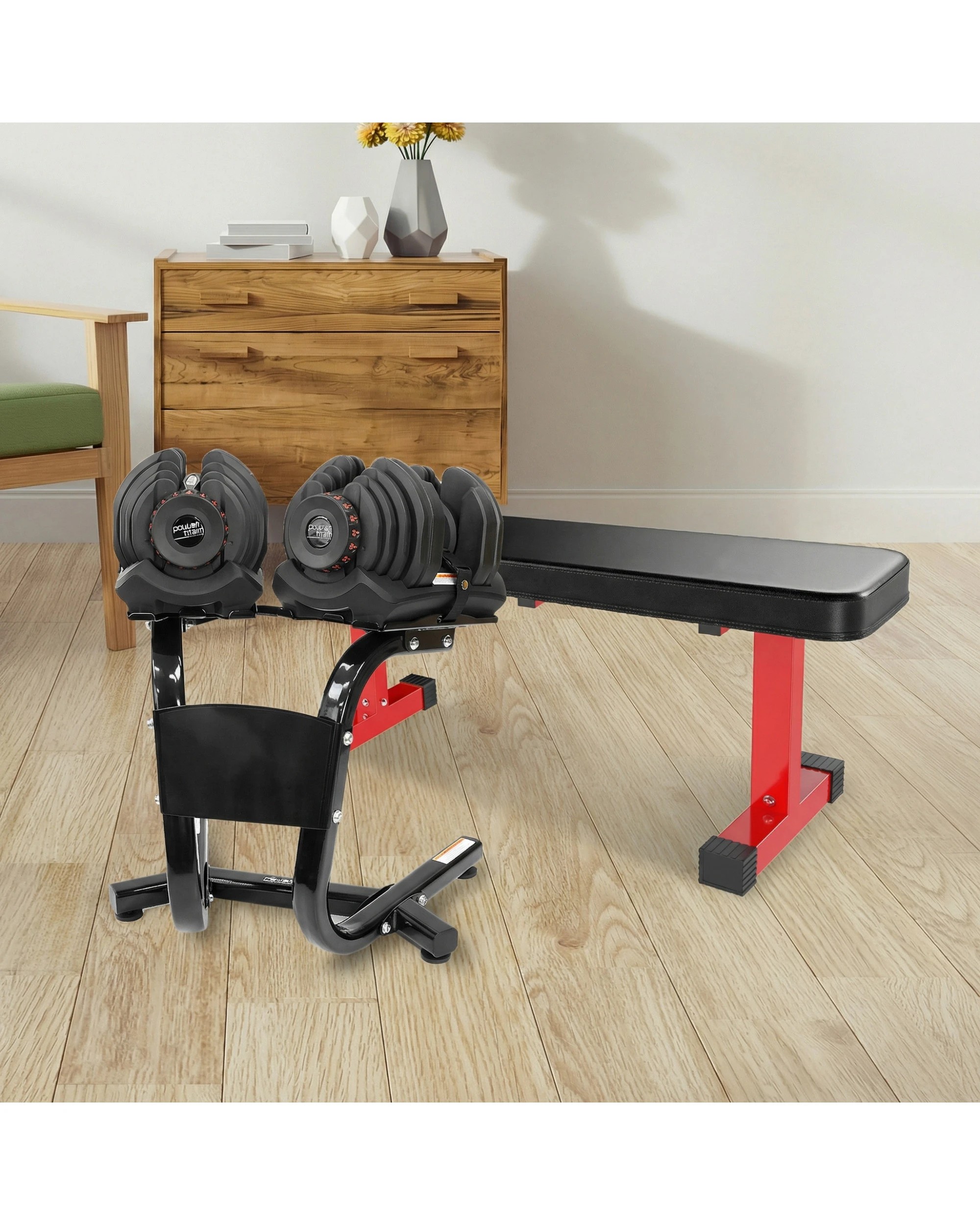 4 Powertrain 80KG Adjustable Dumbbell Set and Stand with Flat Bench - Black, 4 of 10