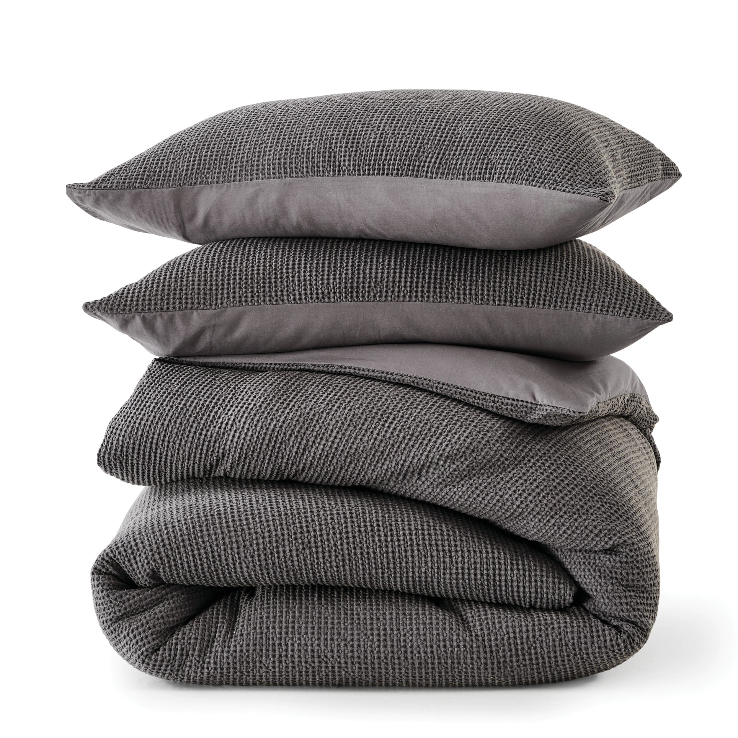 5 Waffle Stonewashed Cotton Quilt Cover Set - Queen Bed, Grey, 5 of 6