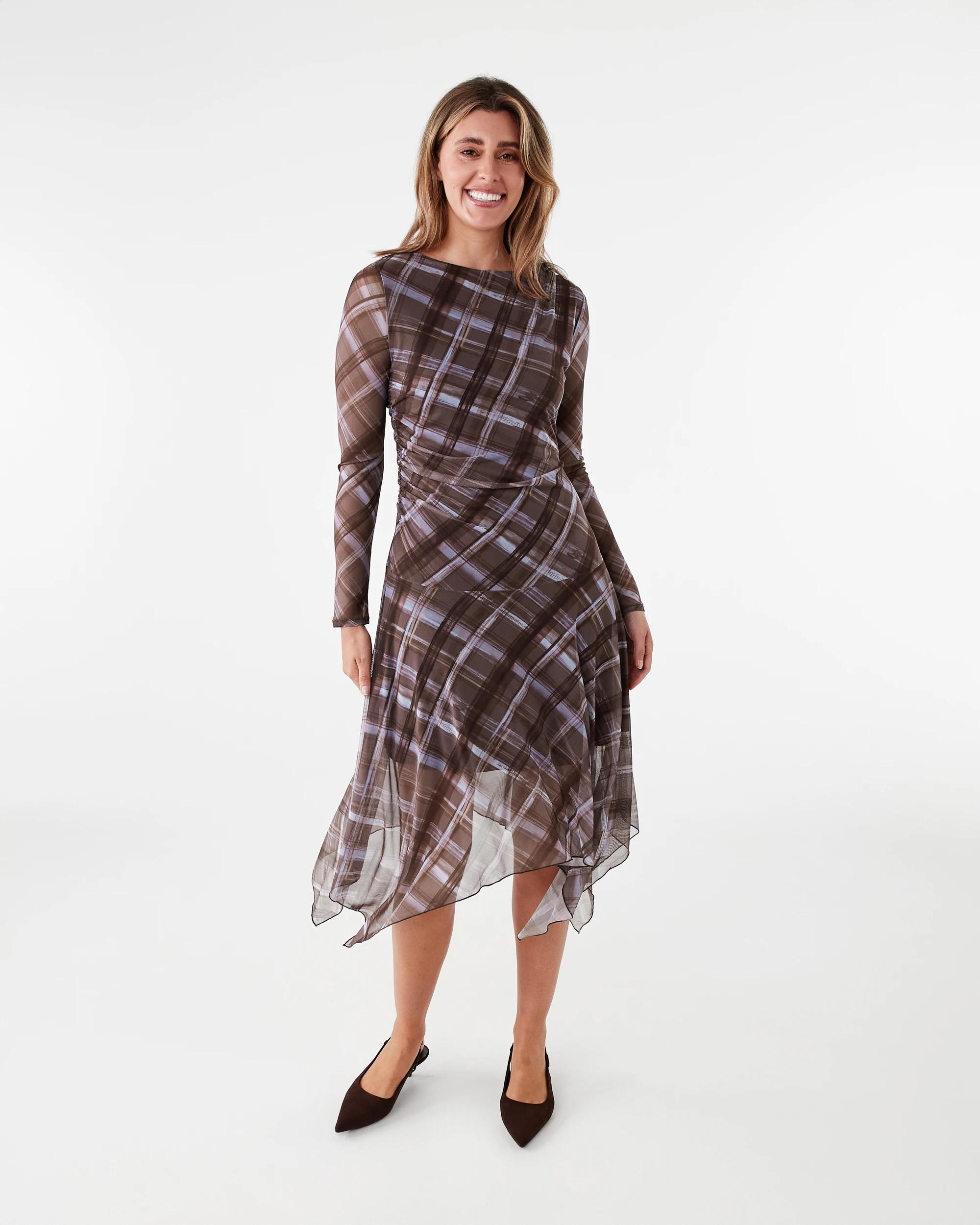 1 Long Sleeve Mesh Asymmetrical Hem Midi Dress Choc Chk, 1 of 7