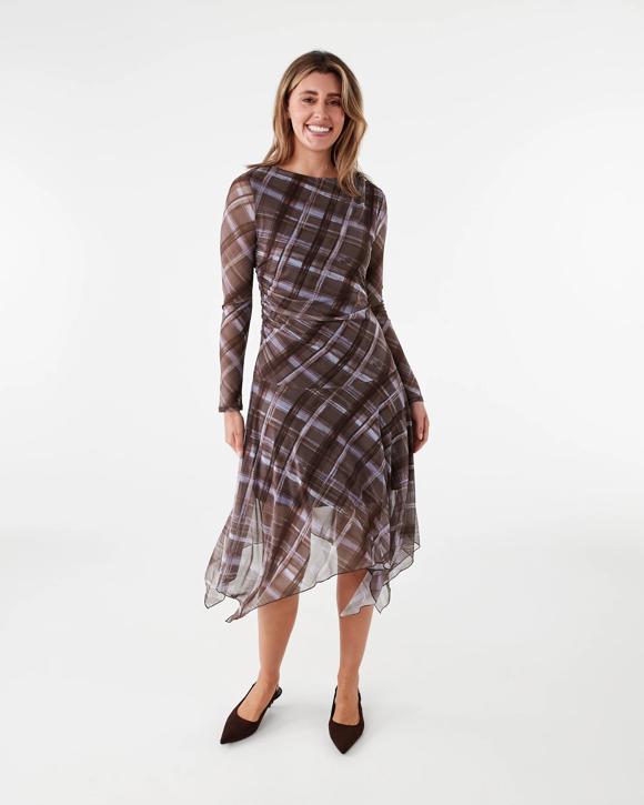 Long Sleeve Mesh Asymmetrical Hem Midi Dress