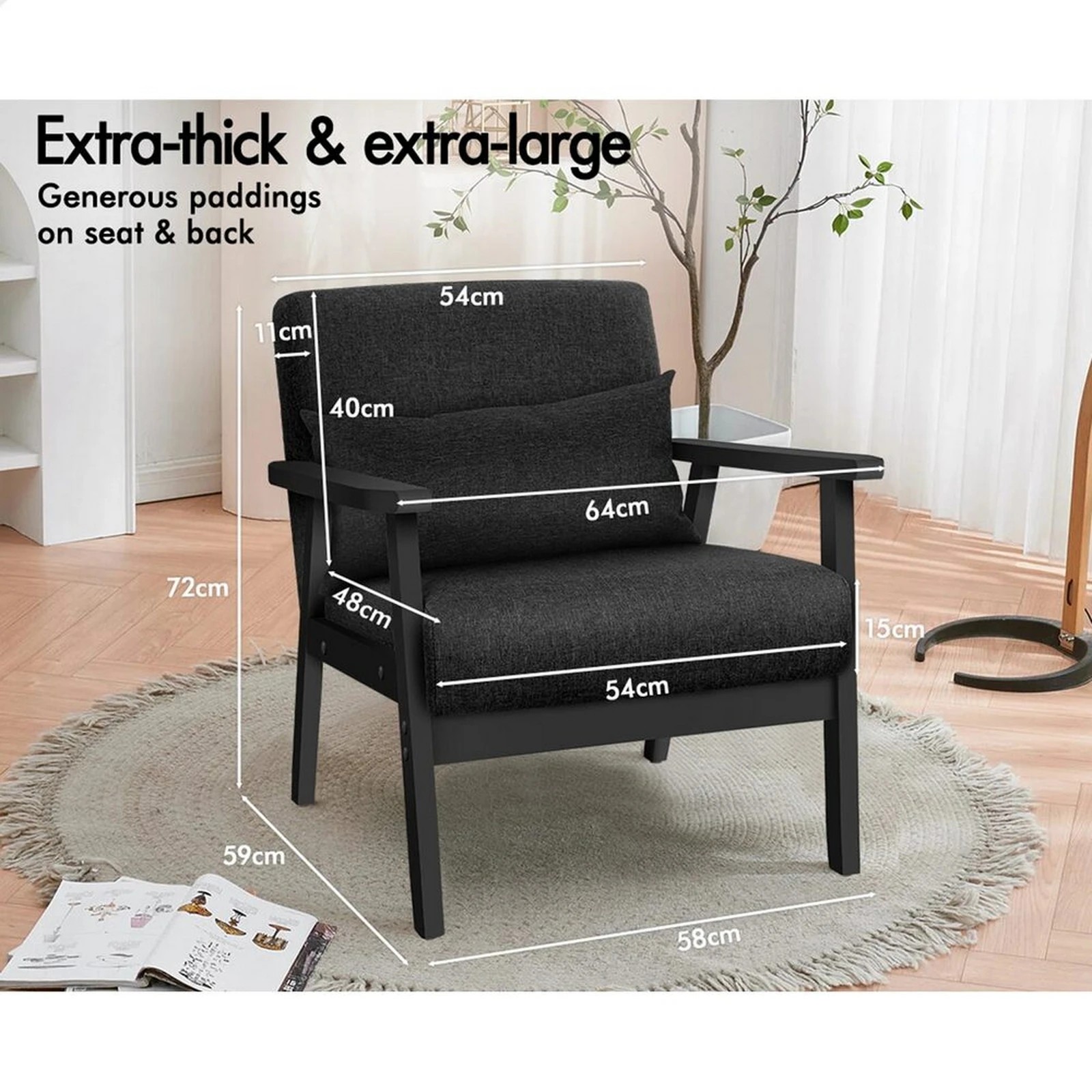 8 Alfordson Armchair Lounge Chair Accent Chair Cushion Sofa Couch Fabric - Black, 8 of 9