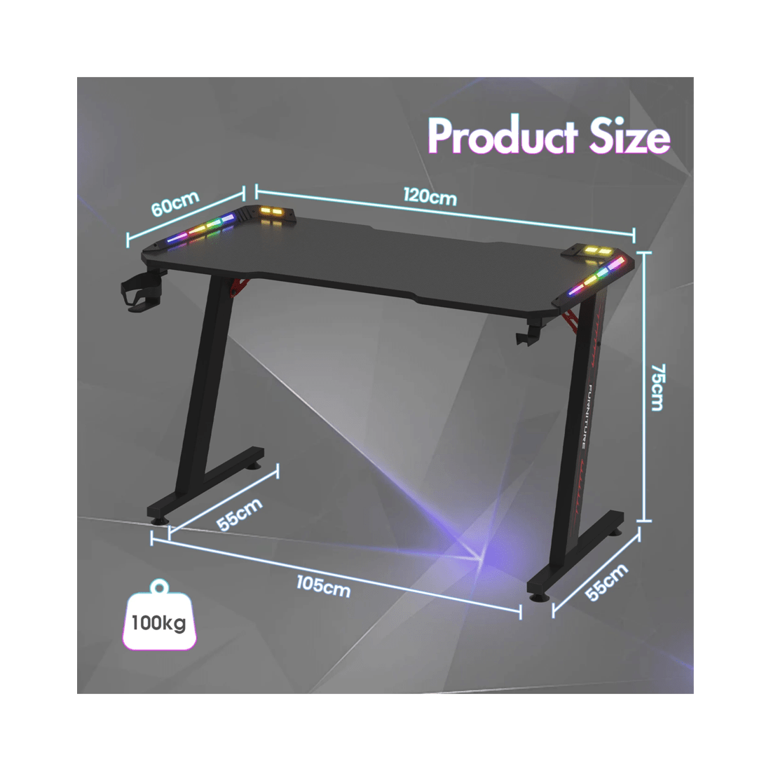 2 Advwin 120cm Black Gaming Desk Rgb Led Light Computer Desk, 2 of 7