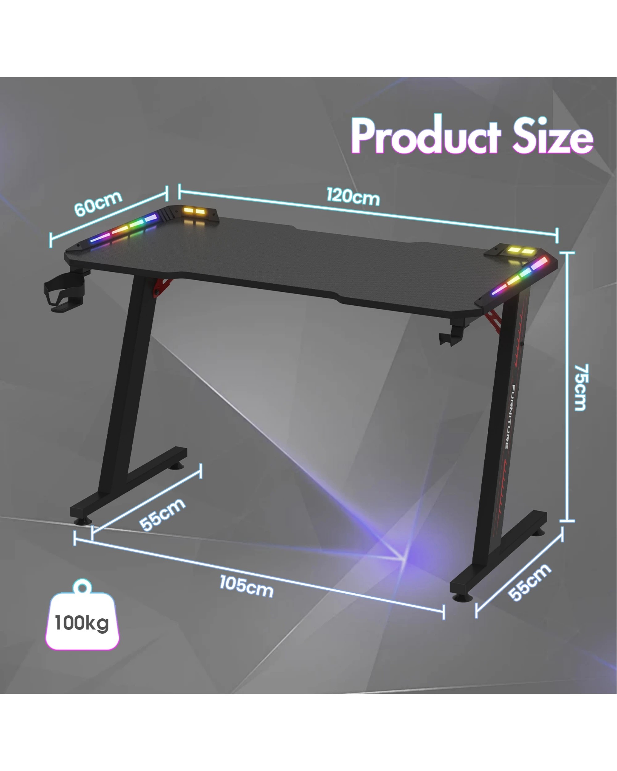 2 Advwin 120cm Black Gaming Desk Rgb Led Light Computer Desk, 2 of 7