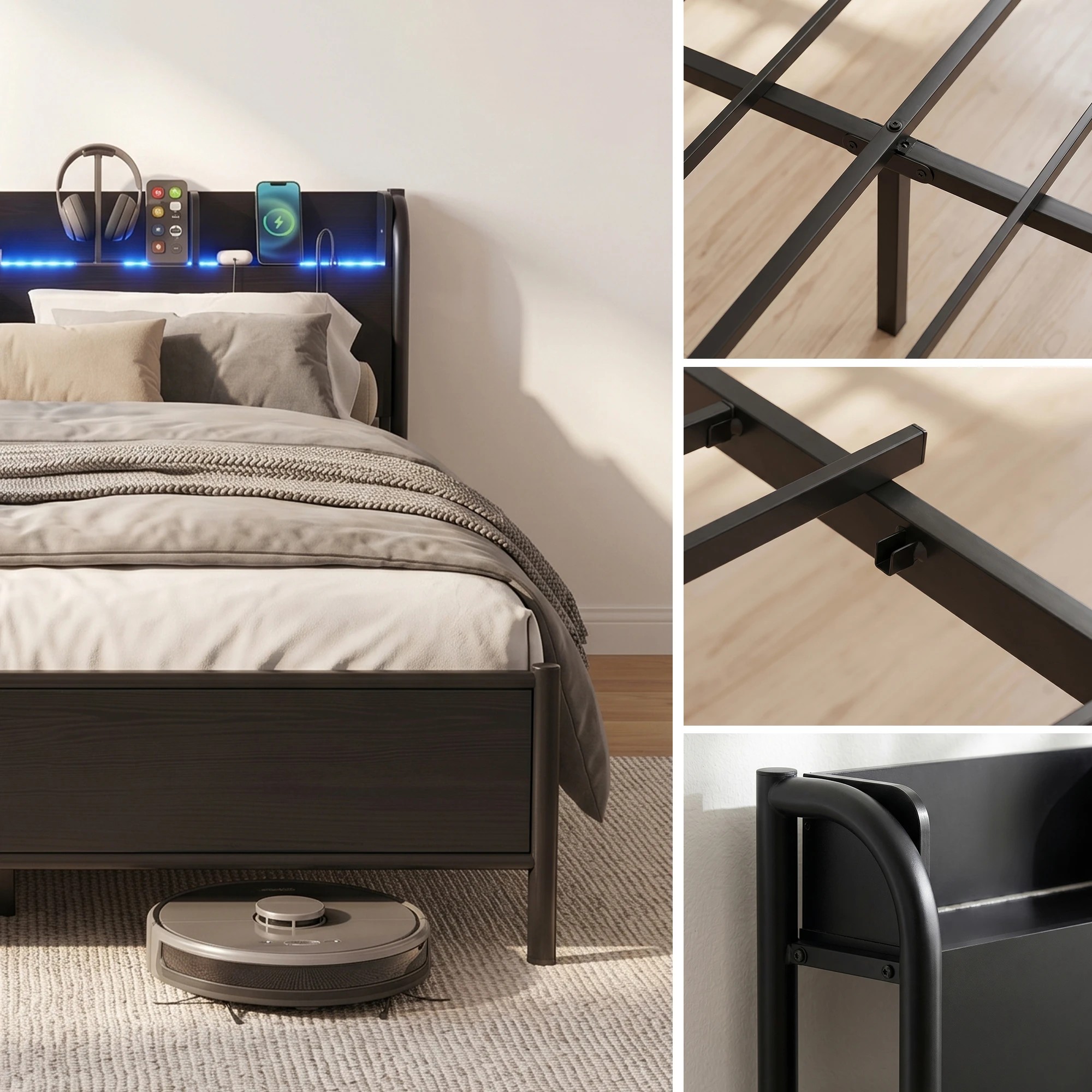 7 Artiss Bed Frame Queen Size with Storage Shelf Headboard Charging Station GRID - Black, 7 of 7