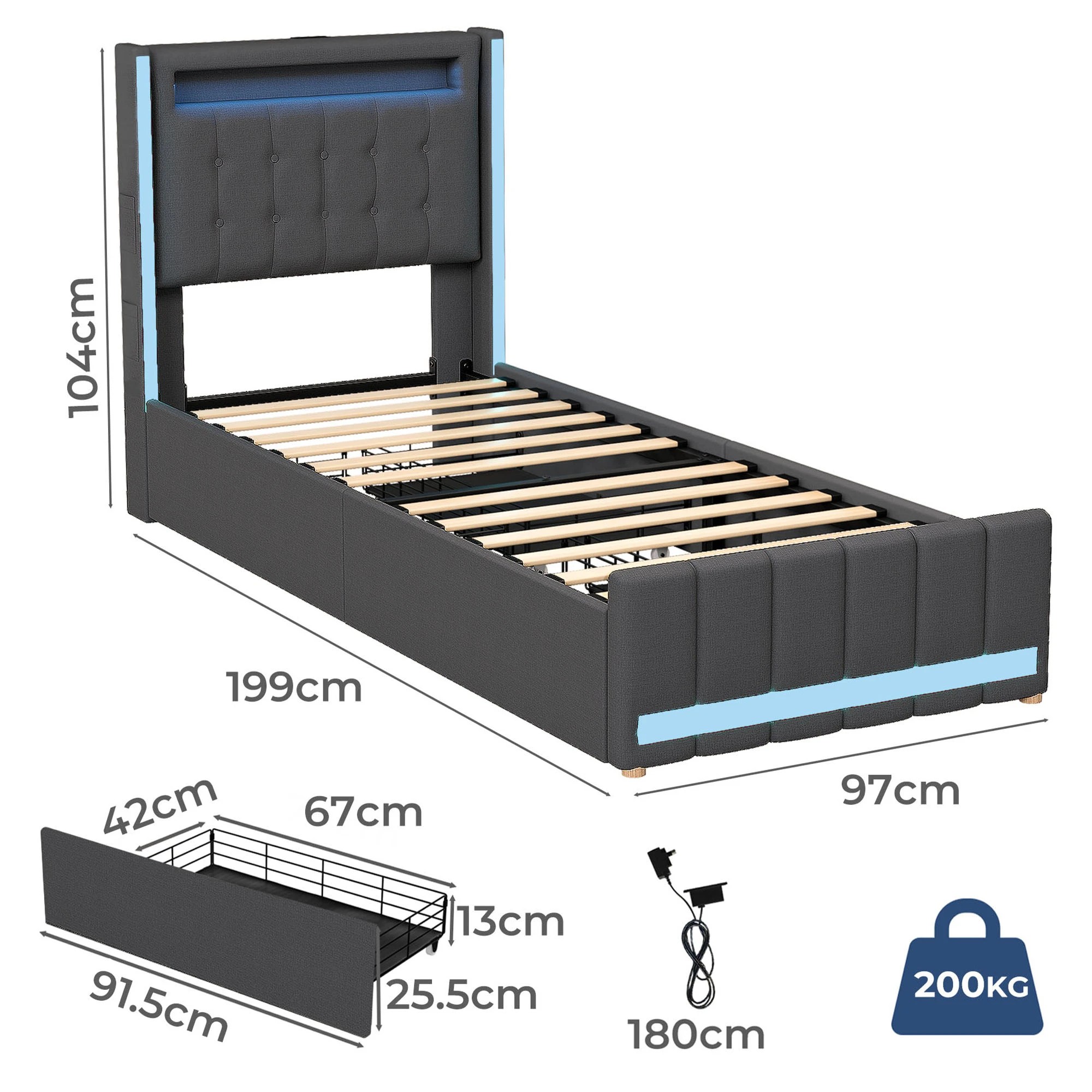 3 Levede Single Bed Frame Linen Fabric with LED Charging Station and 4 Drawers - Grey, 3 of 9