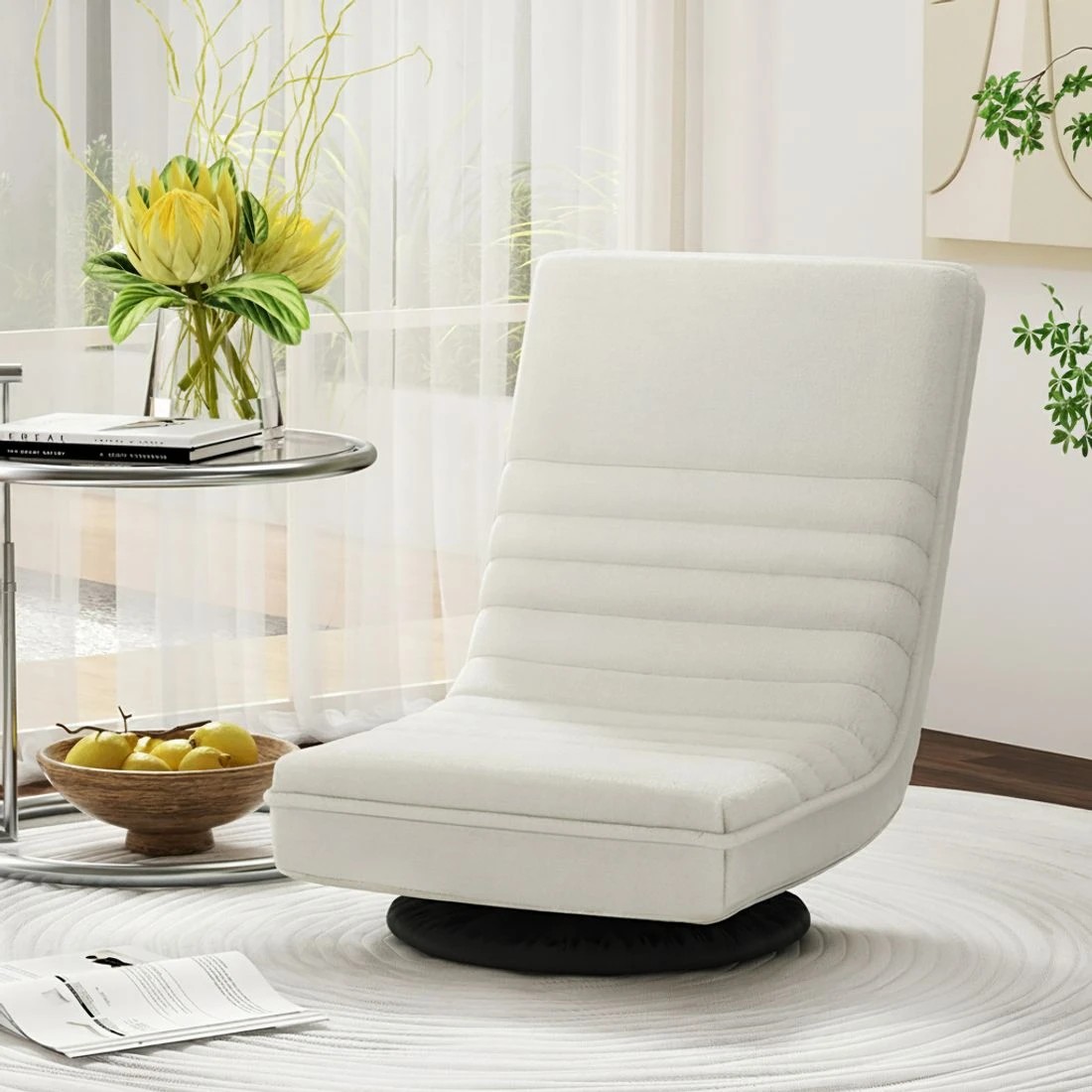 5 Artiss 2XFloor Chair Lounge Sofa Swivel Foldable Linen - White, 5 of 6