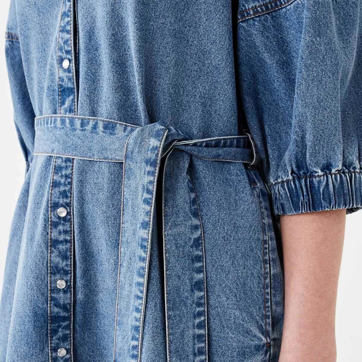 5 Short Sleeve Denim Puff Sleeve Mini Dress LIGHT DENIM WASH, 5 of 6