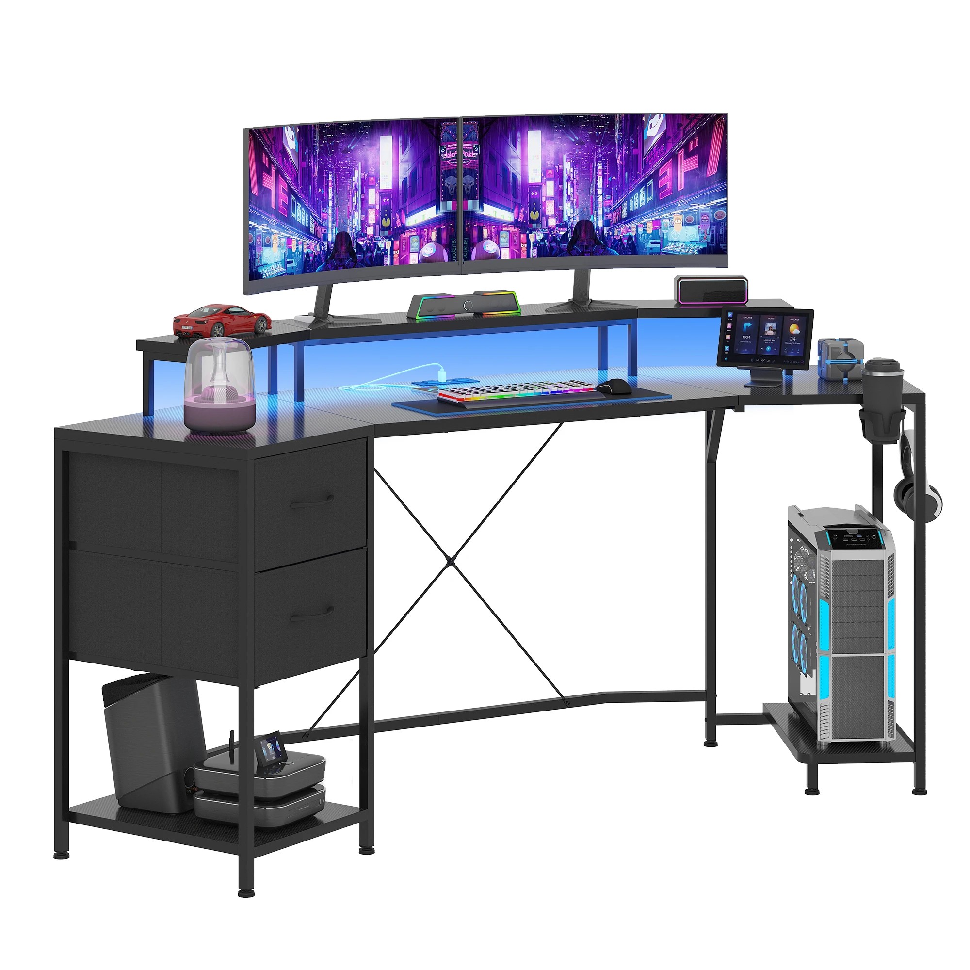 2 Advwin 185cm LED Gaming Desk w/ Power Outlets   Carbon Fiber Computer Desk with PC Stand Shelf & Drawers - Black, 2 of 7