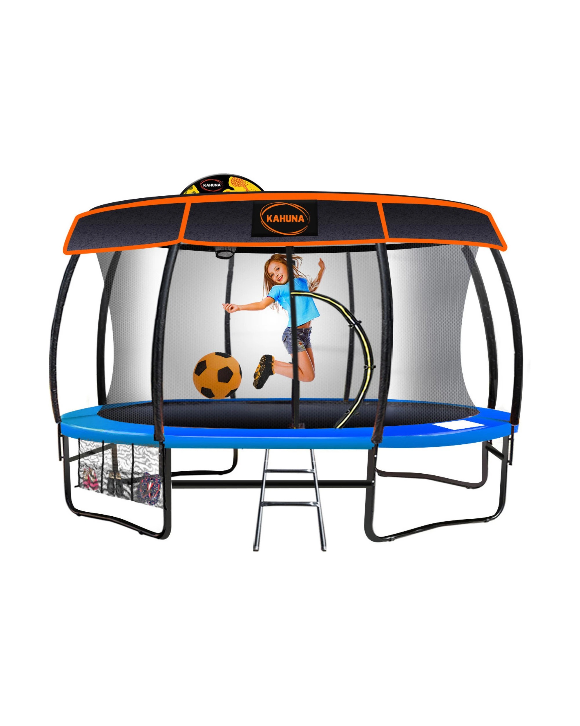 1 Kahuna 14 ft Trampoline Free Safety Net Spring Pad Mat Roof With Basketball Orange Blue, 1 of 2